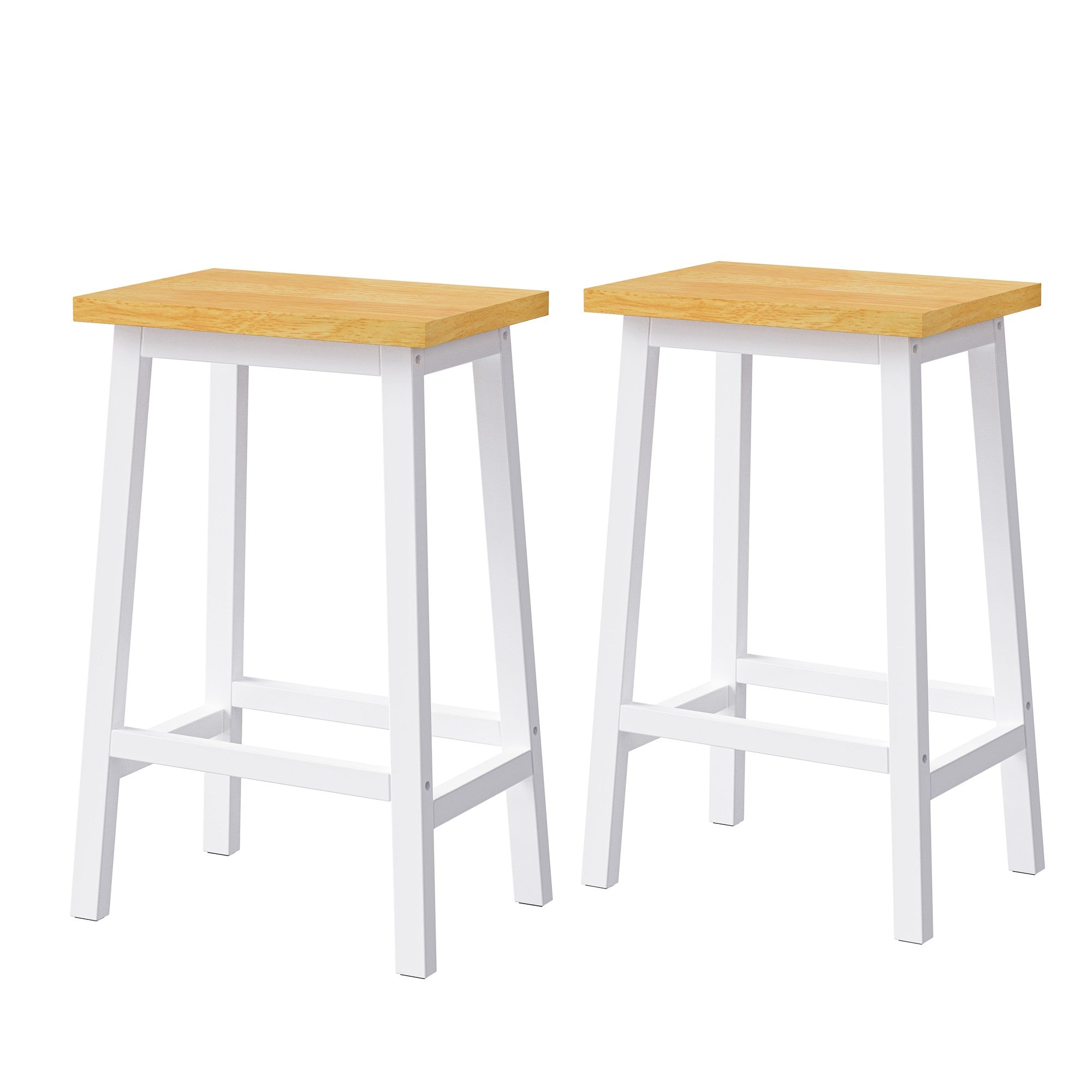 Matching white counter height stools with wood seats for Toulouse rolling kitchen island set of 2 front view