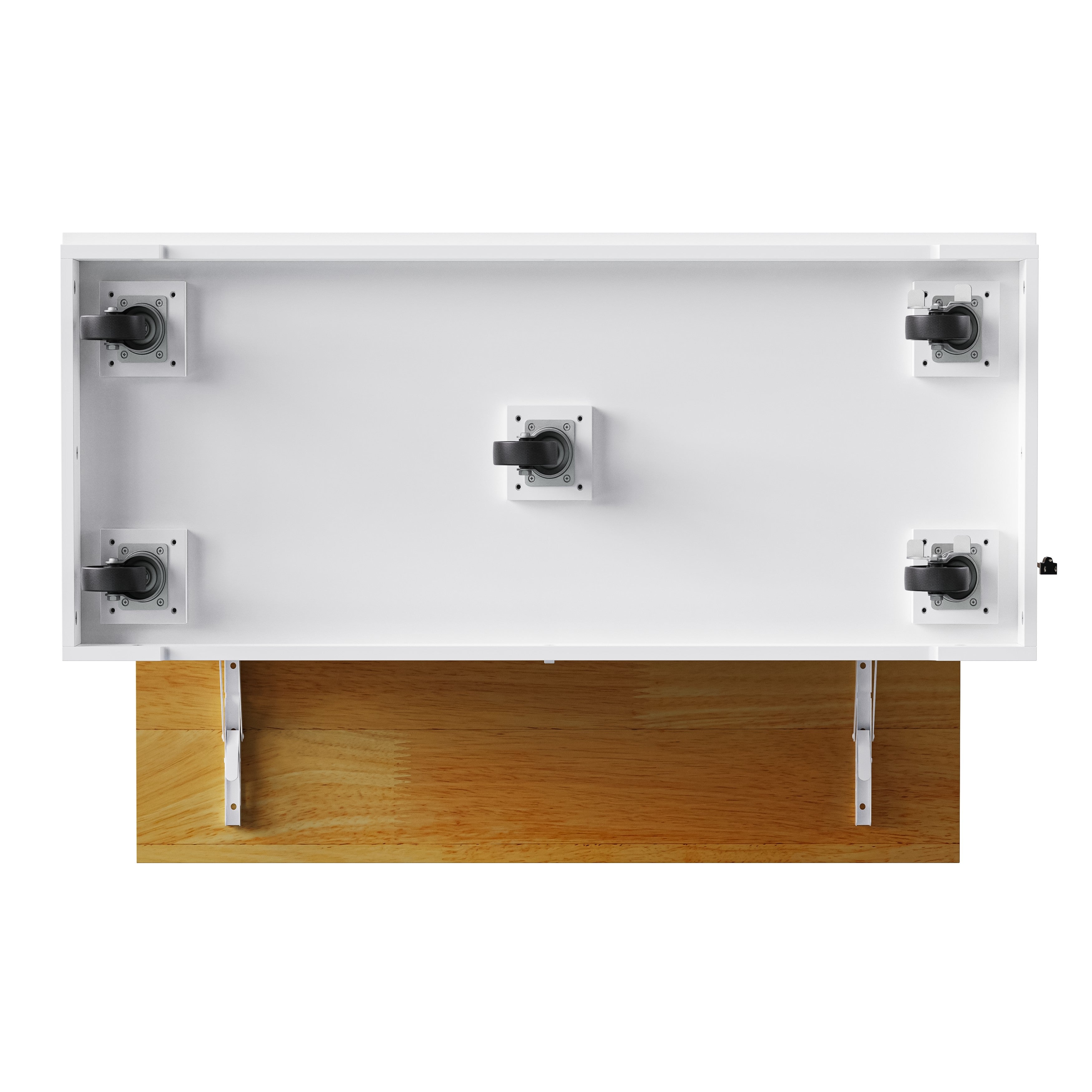 Bottom view of Toulouse white rolling kitchen island showing five caster wheels and drop leaf support brackets underneath the cabinet base