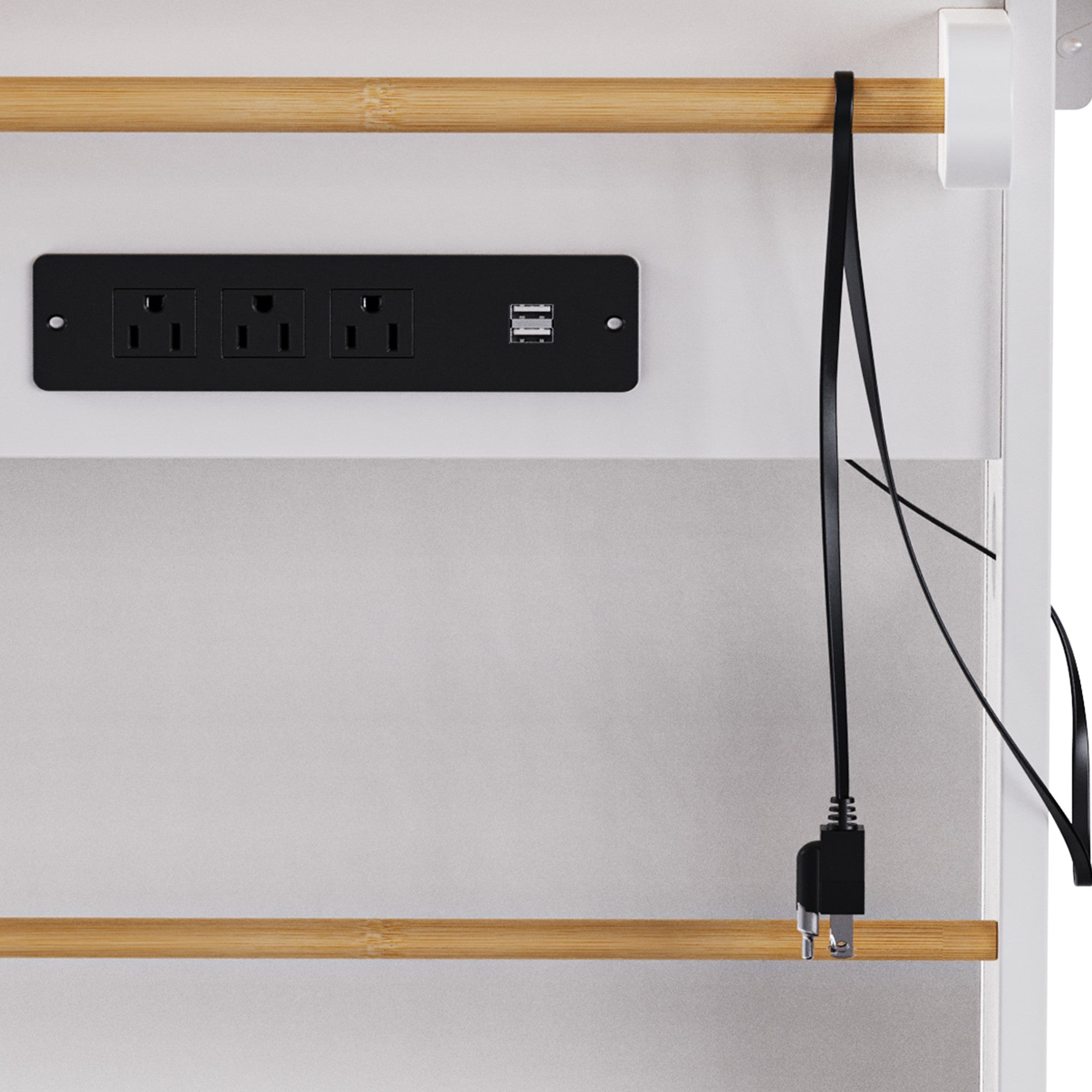 Close up of Toulouse white rolling kitchen island built in power outlet USB charging ports and side storage rack detail