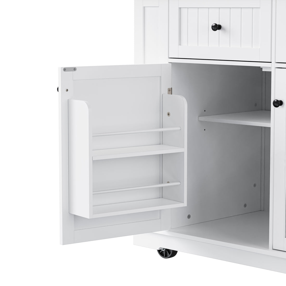 Close up of Toulouse white rolling kitchen island door mounted spice rack storage shelf and adjustable cabinet interior detail