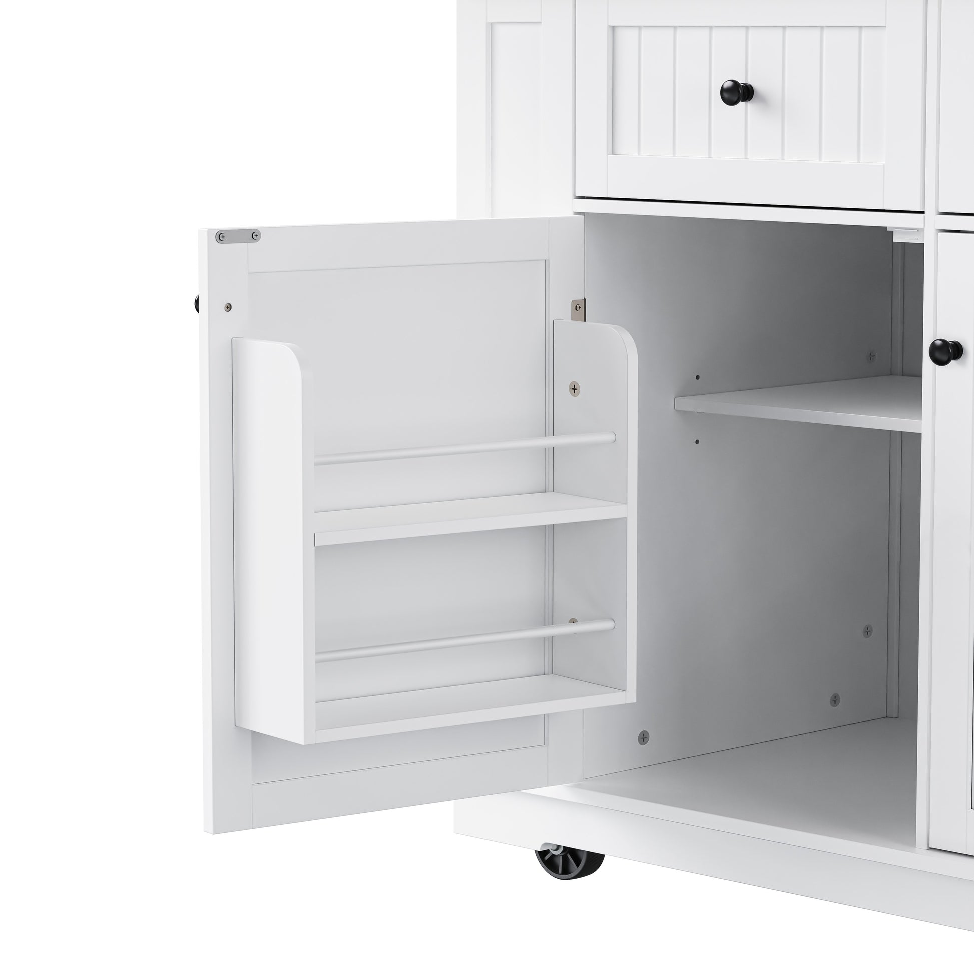 Close up of Toulouse white rolling kitchen island door mounted spice rack storage shelf and adjustable cabinet interior detail
