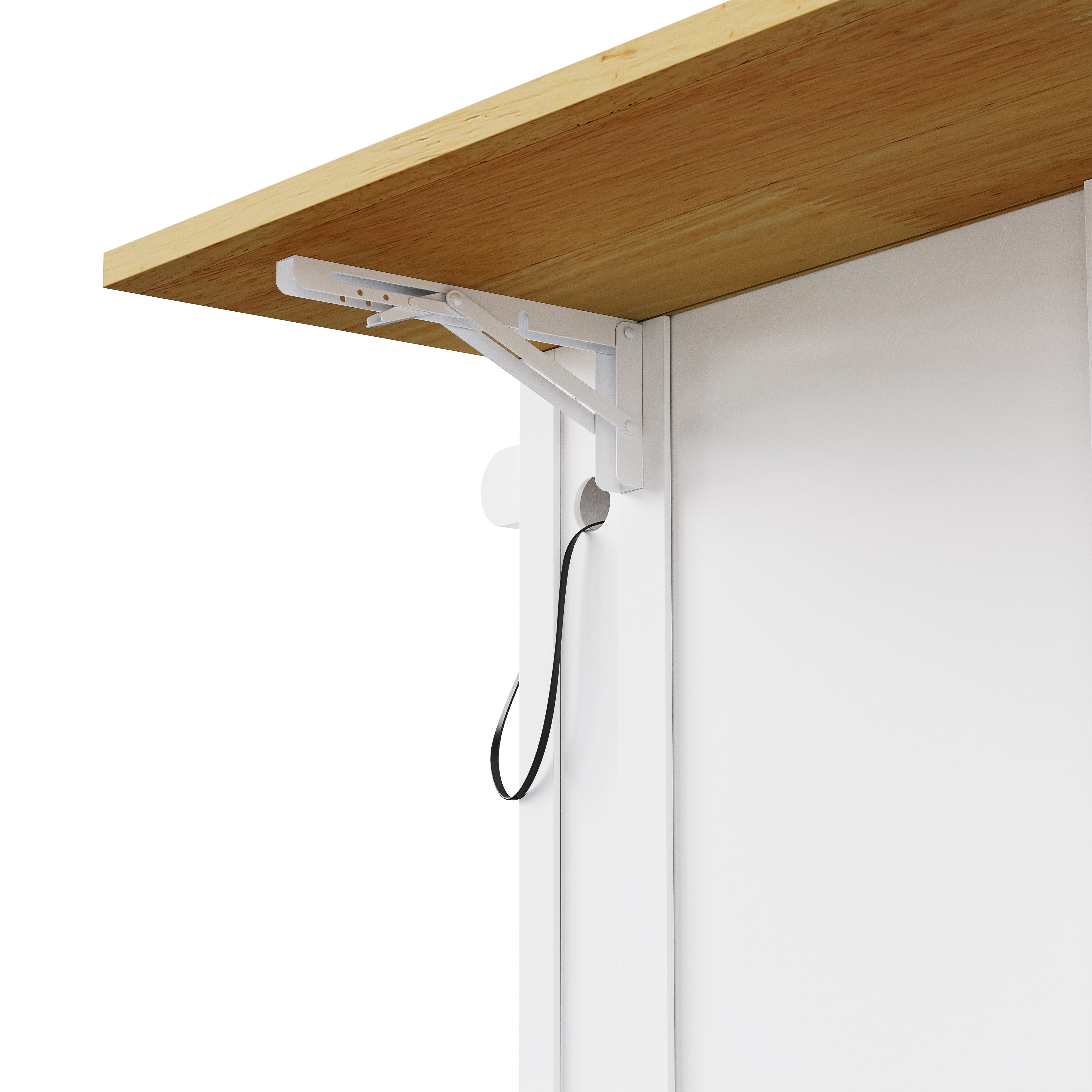 Close up of Toulouse white rolling kitchen island foldable drop leaf support bracket and expandable wood countertop detail