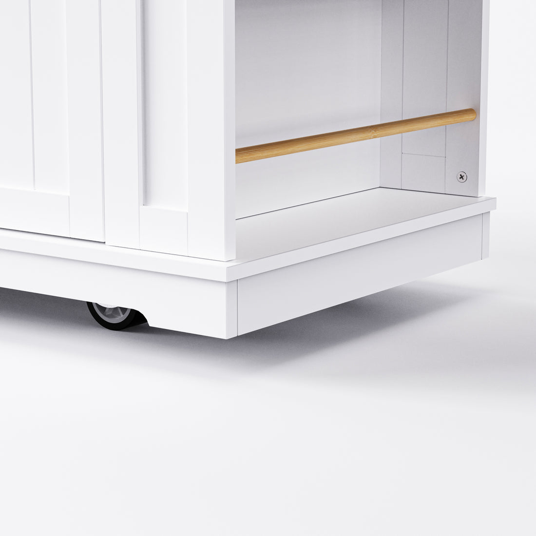 Close up of Toulouse white rolling kitchen island hidden caster wheel base trim and side storage shelf detail
