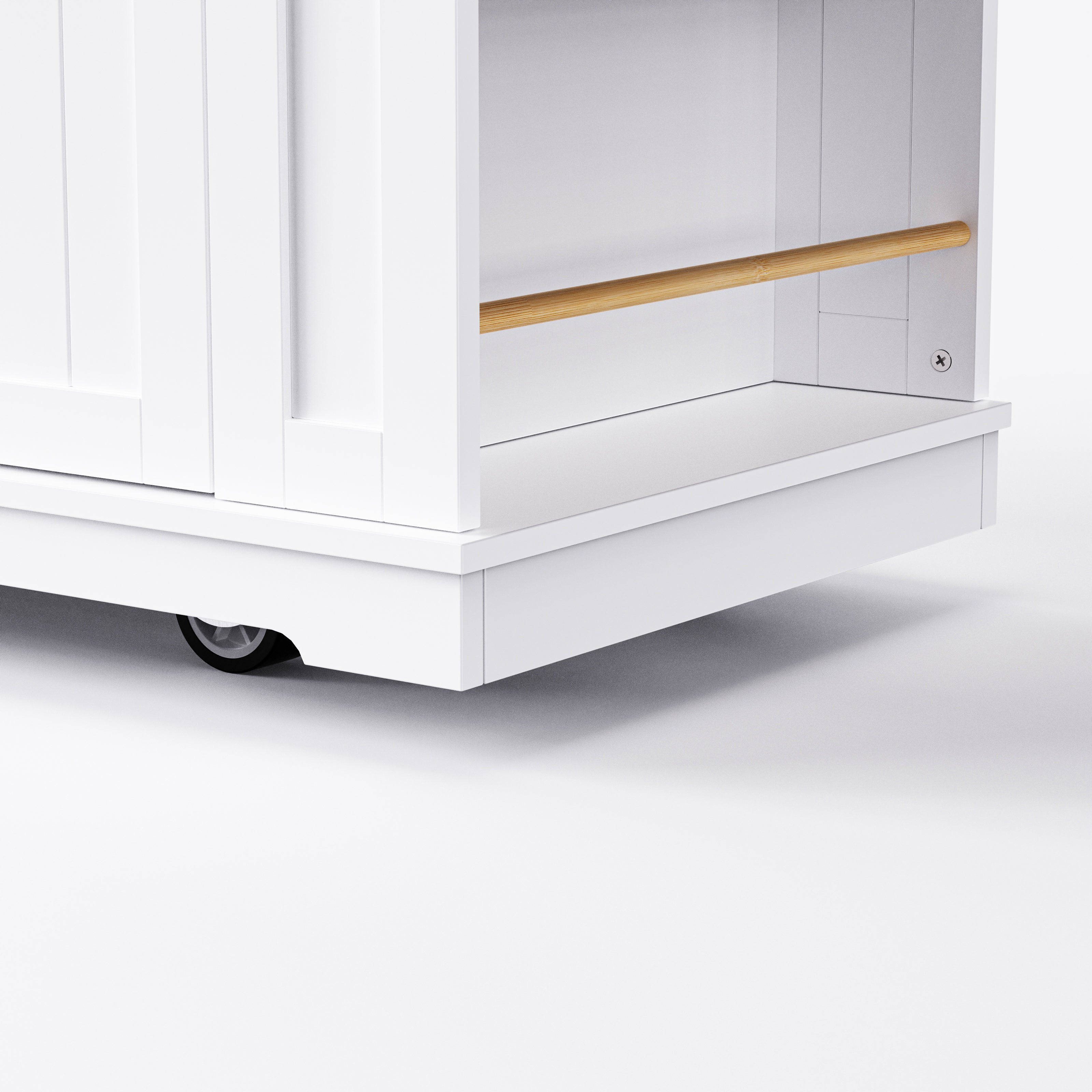 Close up of Toulouse white rolling kitchen island hidden caster wheel base trim and side storage shelf detail