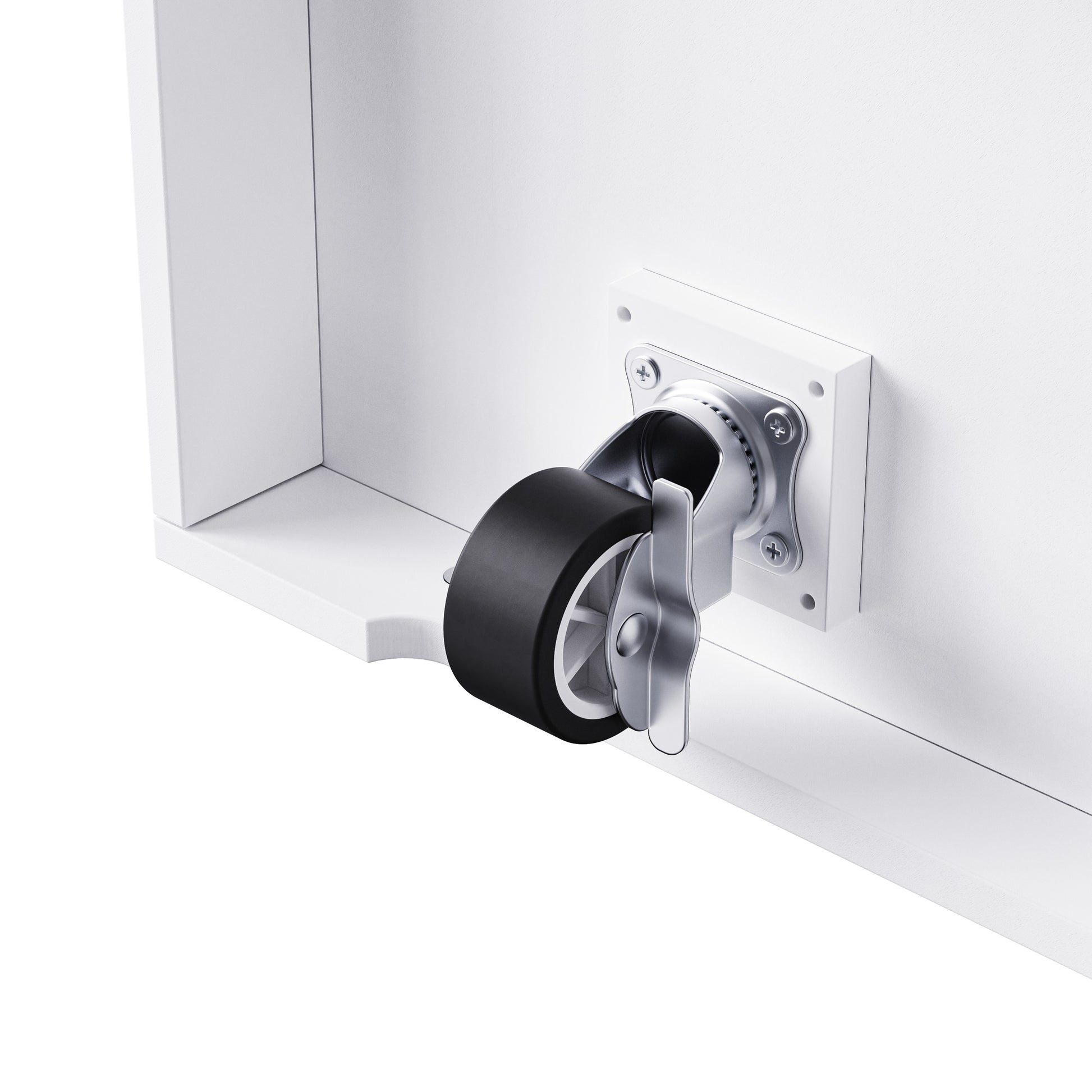 Close up of Toulouse white rolling kitchen island lockable caster wheel with smooth mobility and secure positioning detail