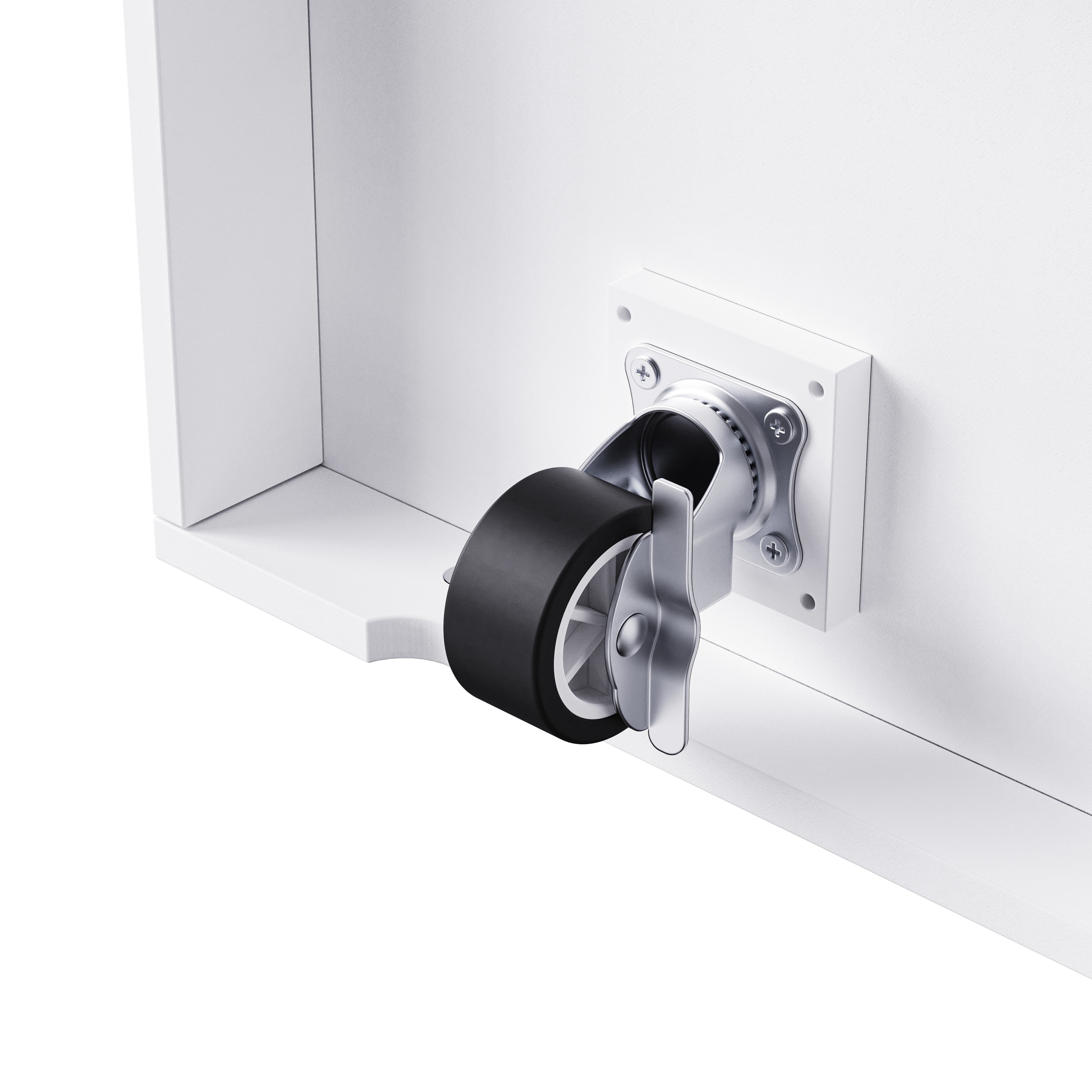 Close up of Toulouse white rolling kitchen island lockable caster wheel with smooth mobility and secure positioning detail
