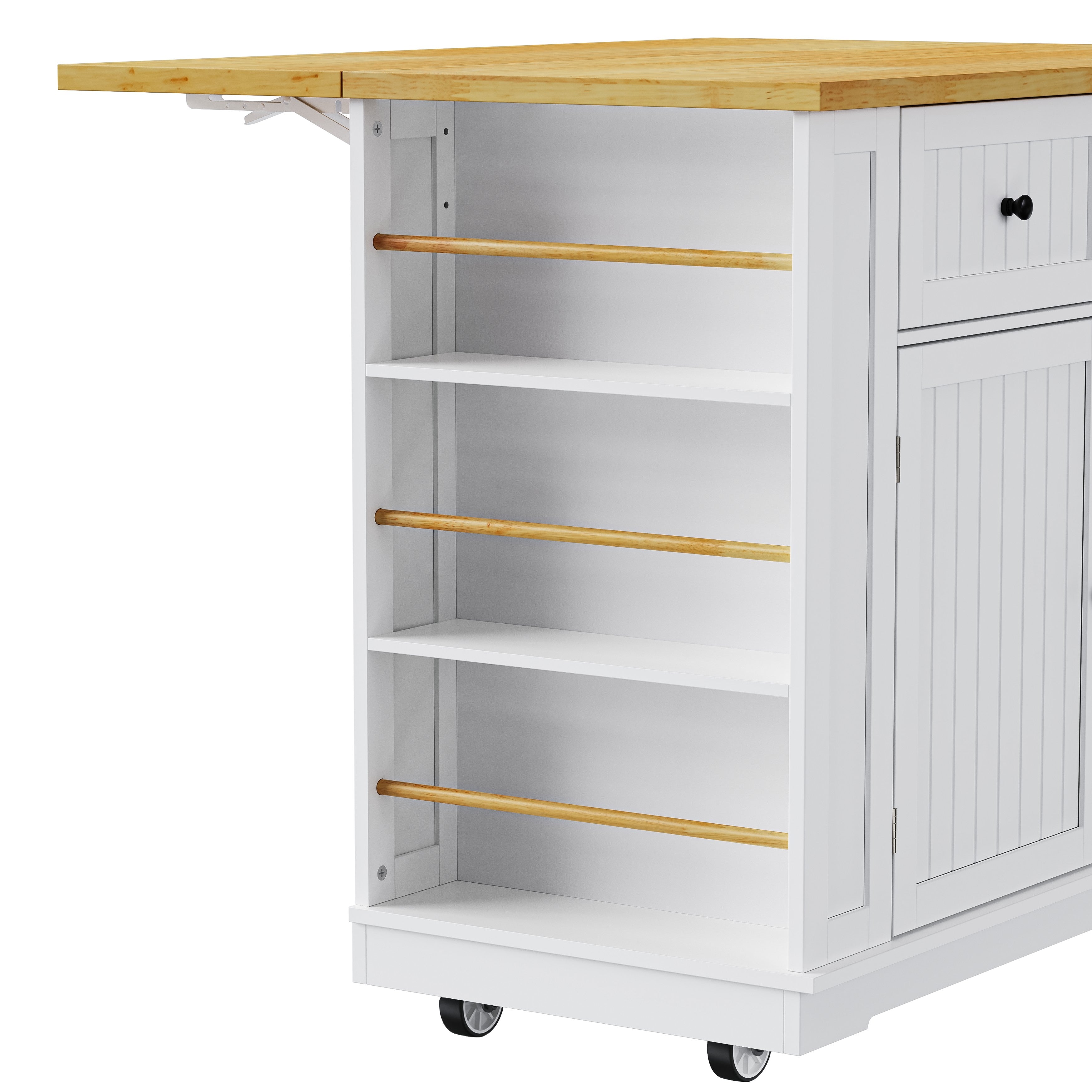 Close up of Toulouse white rolling kitchen island open side spice rack shelves with wood rails drop leaf countertop and caster wheels detail