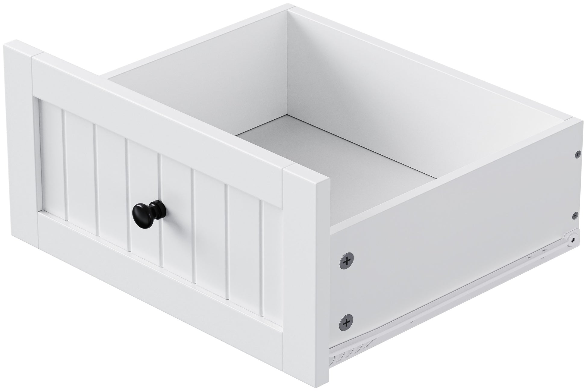 Close up of Toulouse white kitchen island storage drawer with beadboard front panel black knob handle and smooth metal slide rails
