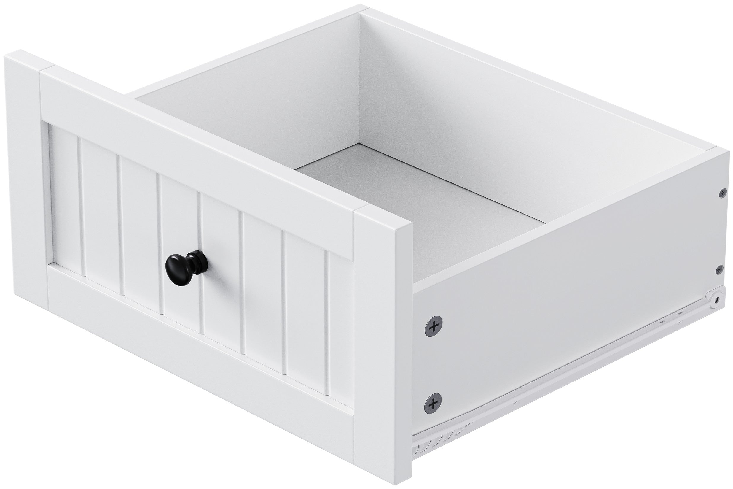 Close up of Toulouse white kitchen island storage drawer with beadboard front panel black knob handle and smooth metal slide rails
