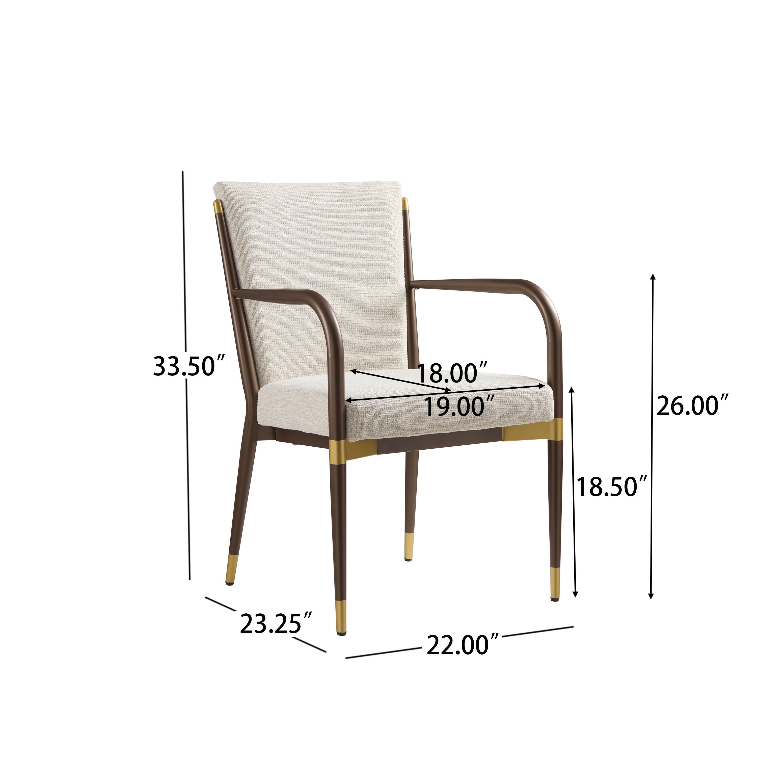 Trasimeno black upholstered dining armchair showing product dimensions with brass-tone accents