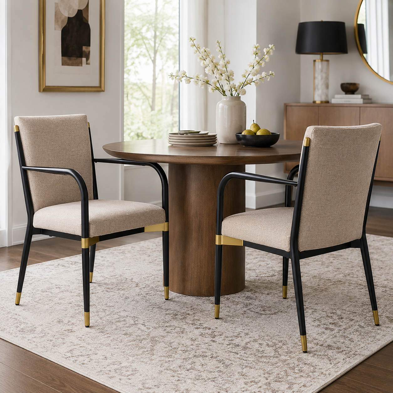 Trasimeno black dining armchairs in a warm dining room with a natural wood pedestal table