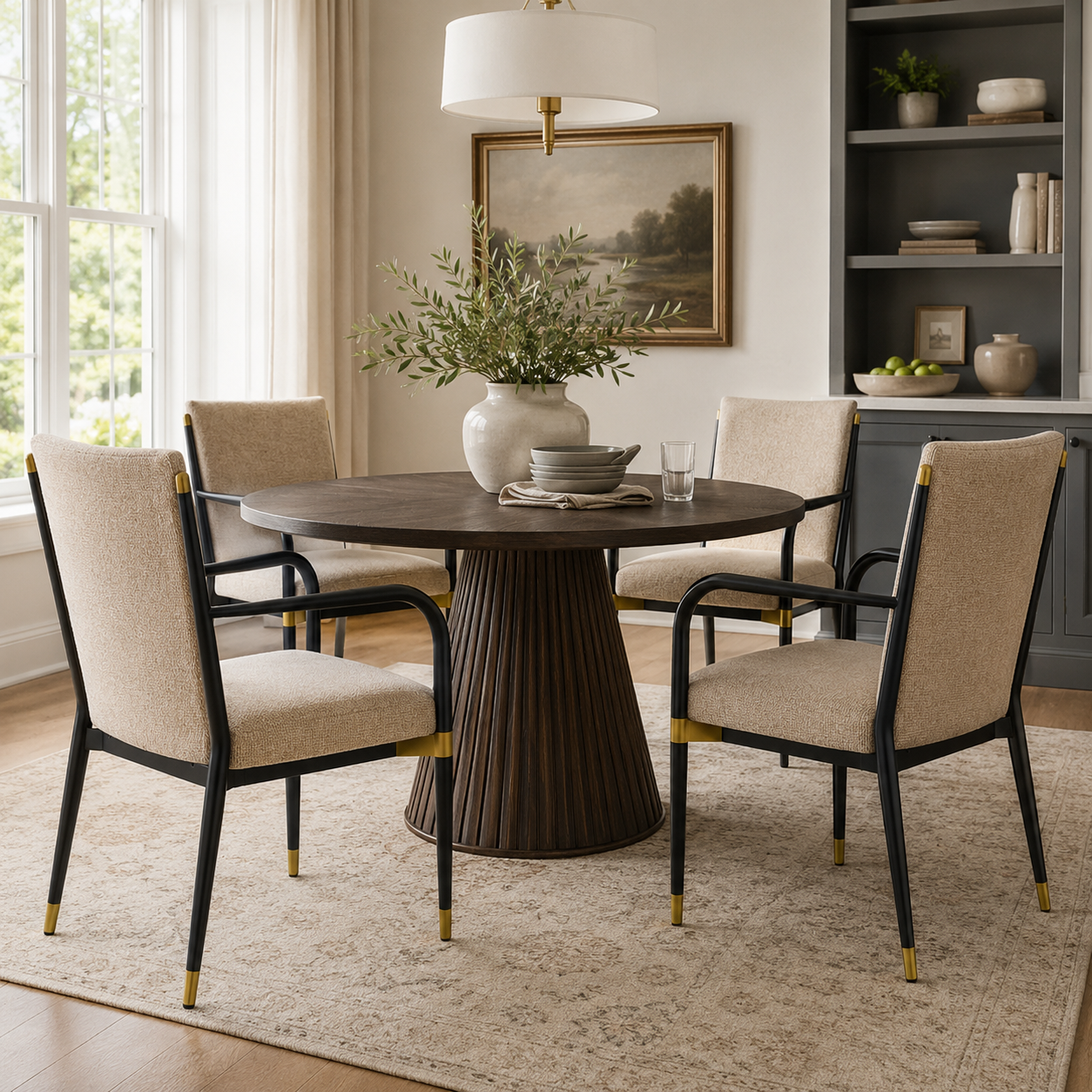 Trasimeno black upholstered dining armchairs in a bright dining space with neutral decor