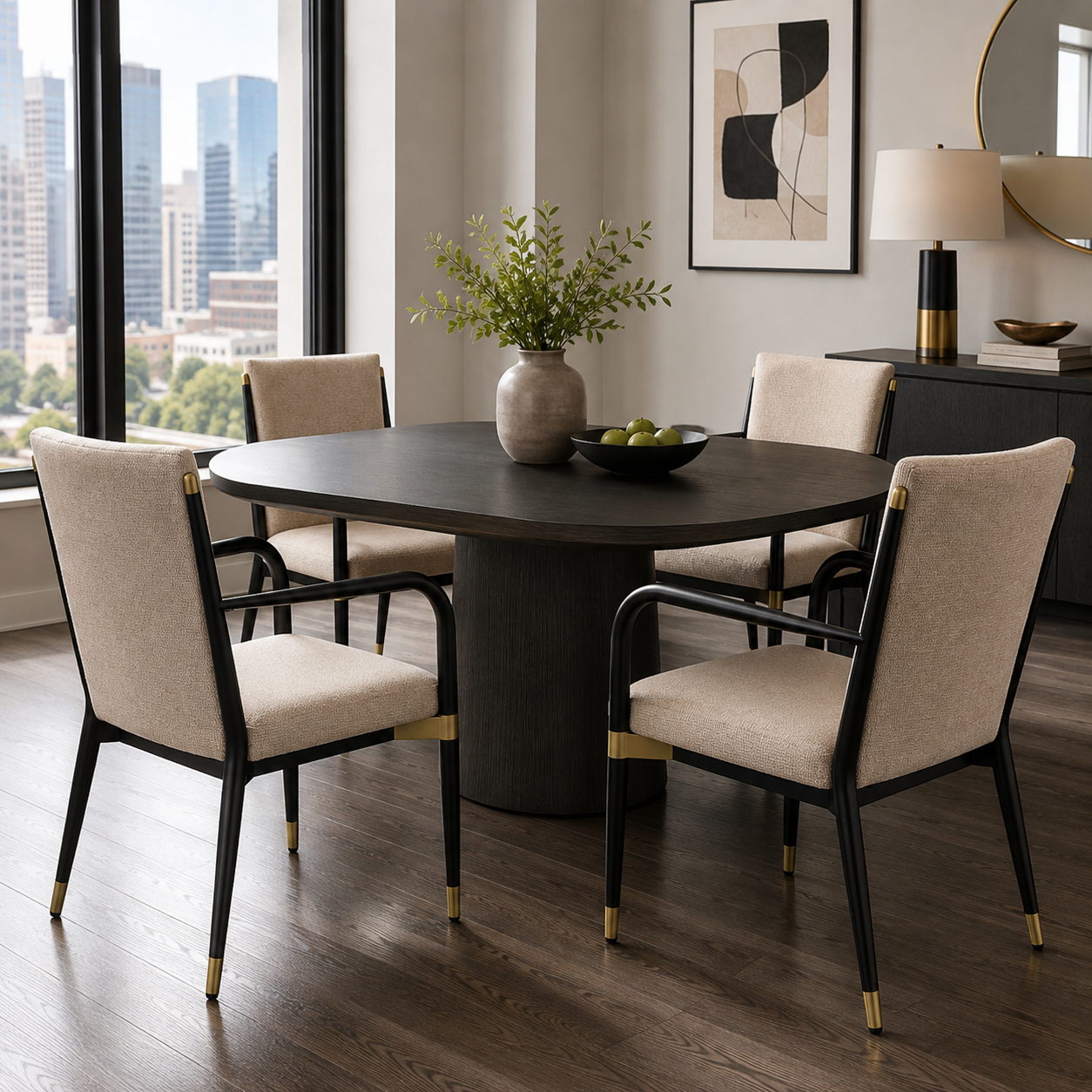 Trasimeno black dining armchairs beside a round dining table in a cozy contemporary room