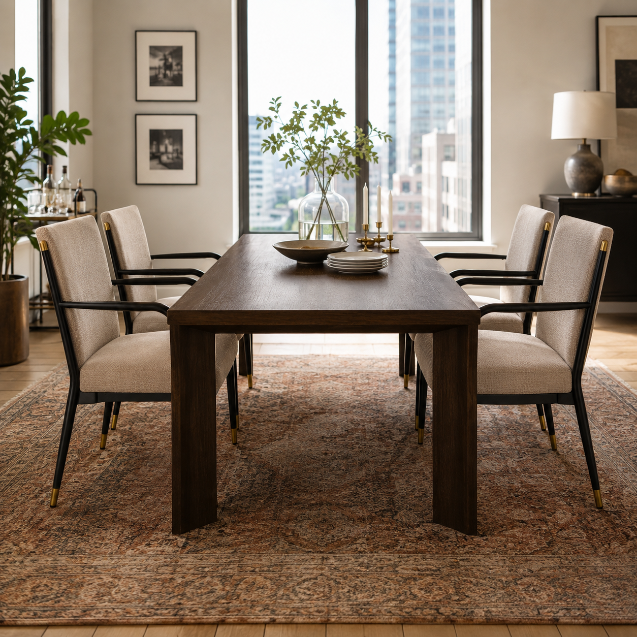 Trasimeno black upholstered dining armchairs around a table in a sunlit dining room