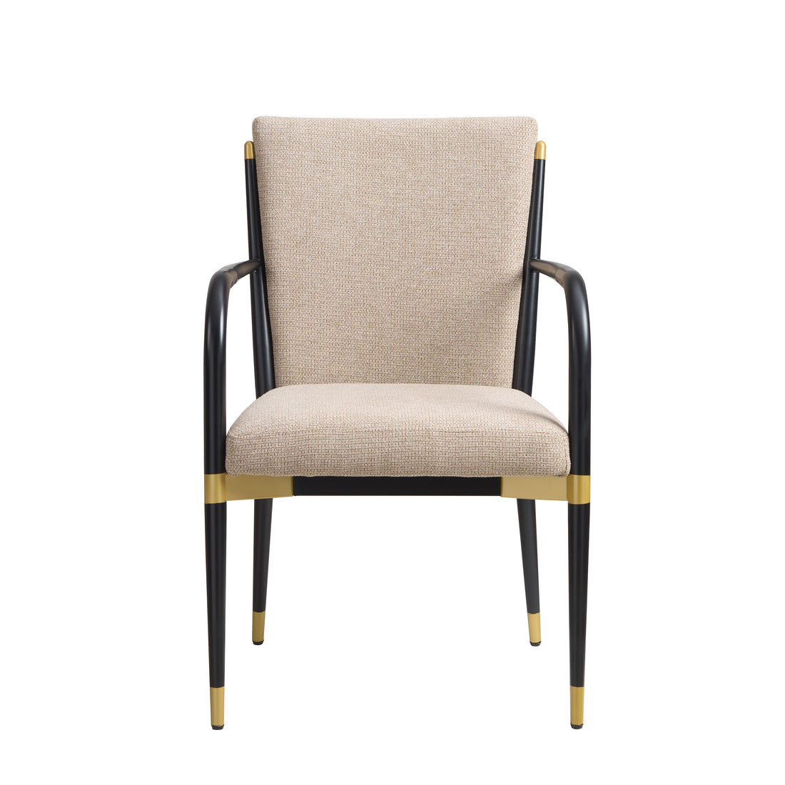 Trasimeno black upholstered dining chair straight front view with brass-tone accents on white background