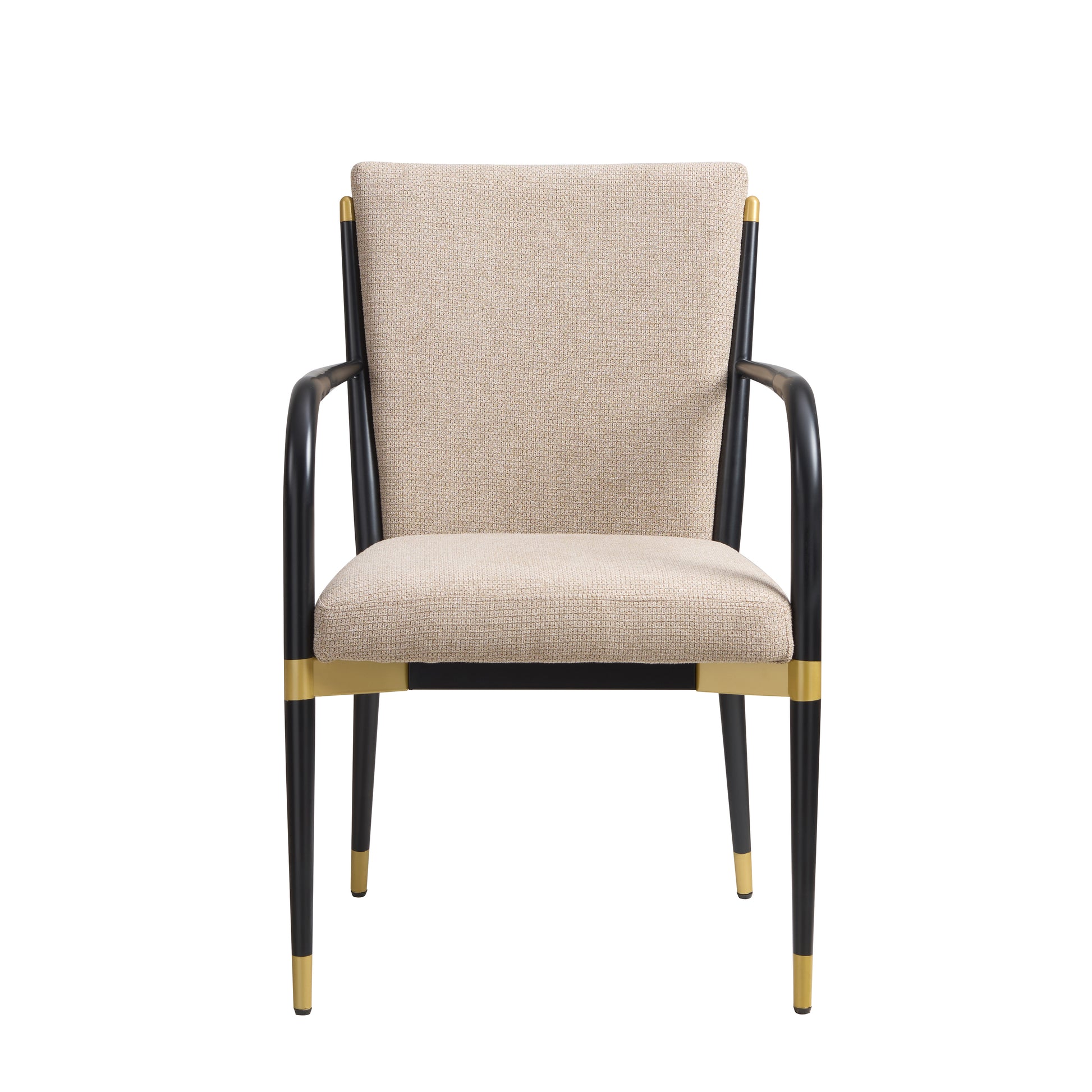 Trasimeno black upholstered dining chair straight front view with brass-tone accents on white background