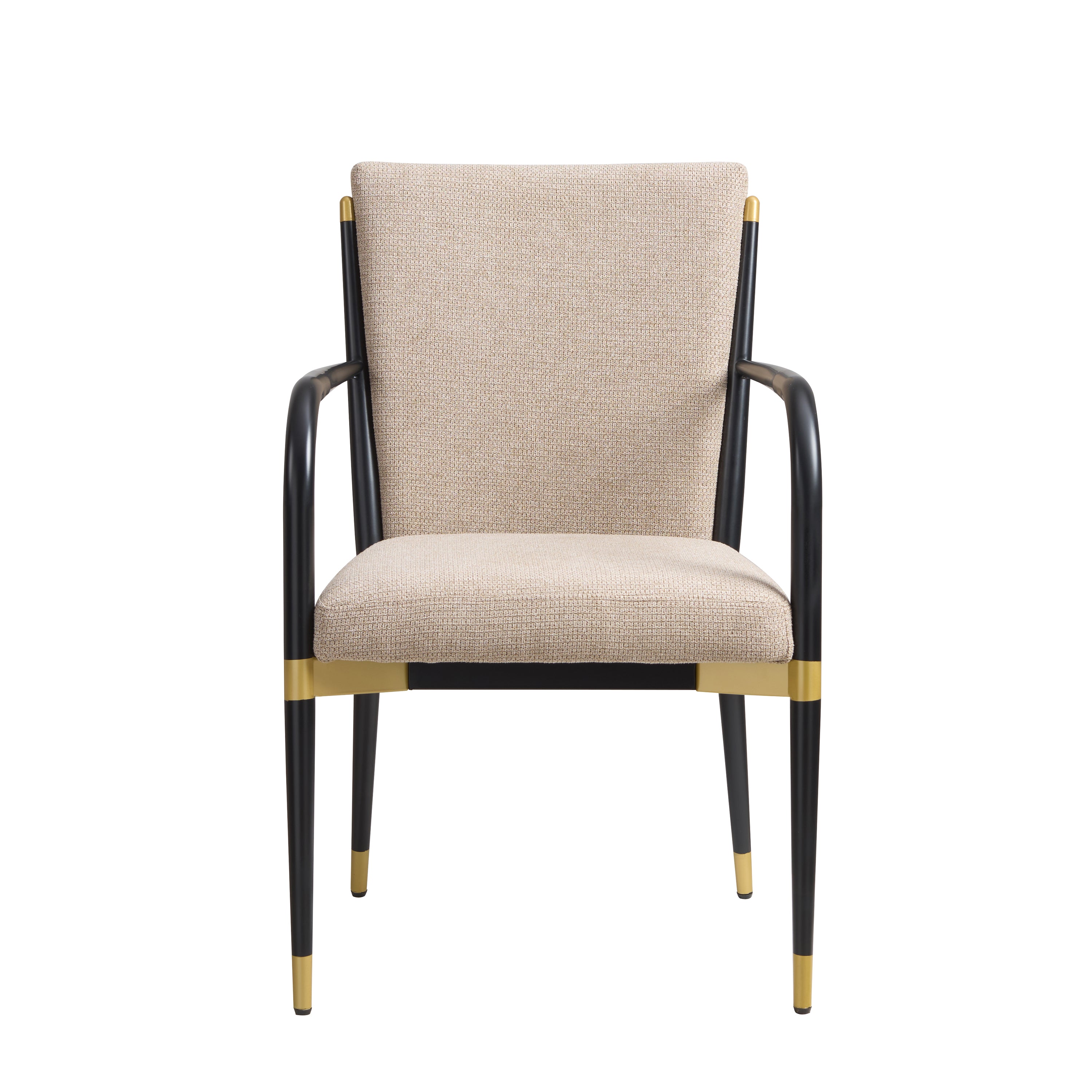 Trasimeno black upholstered dining chair straight front view with brass-tone accents on white background