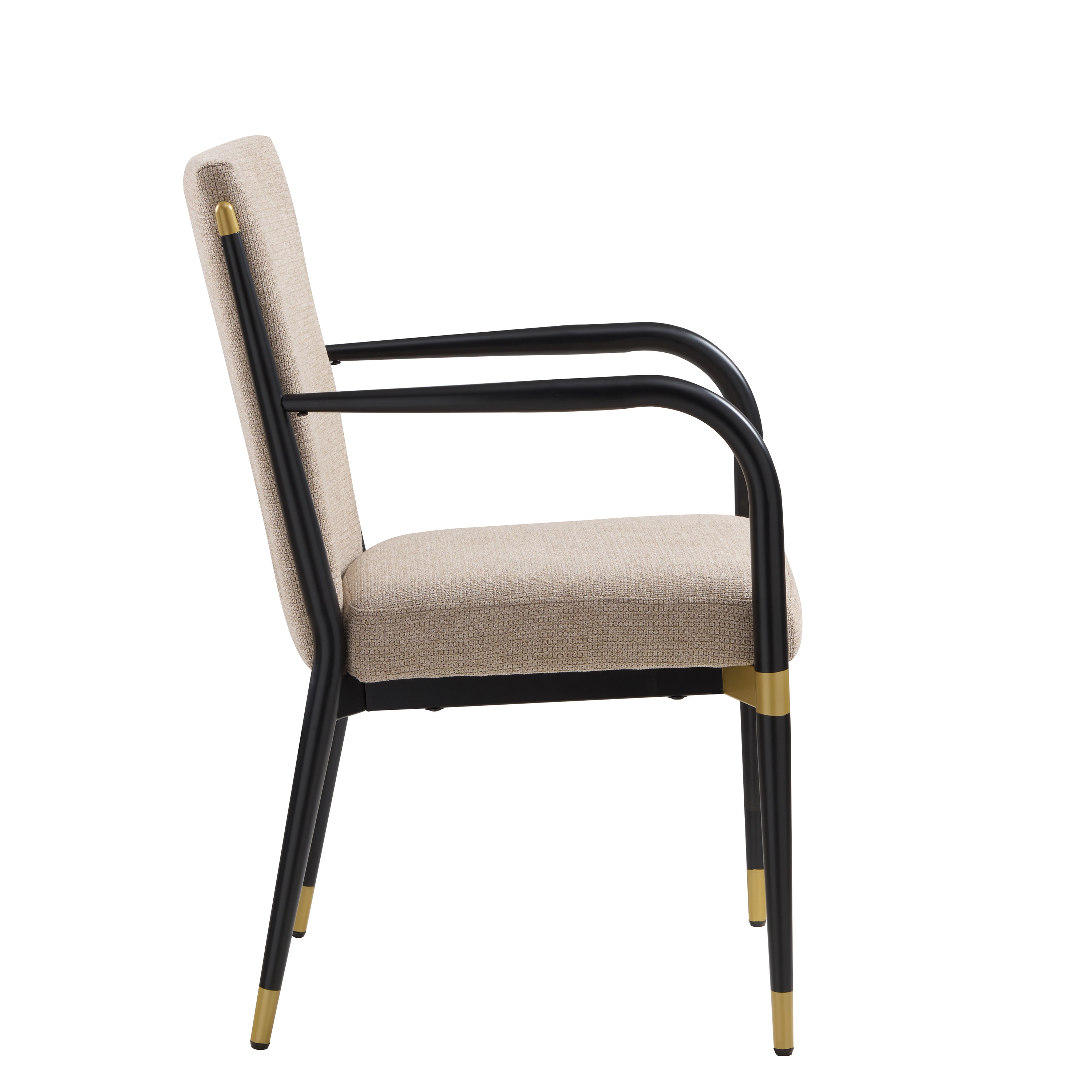 Trasimeno black dining armchair side view with curved arms and dark wood frame on white background