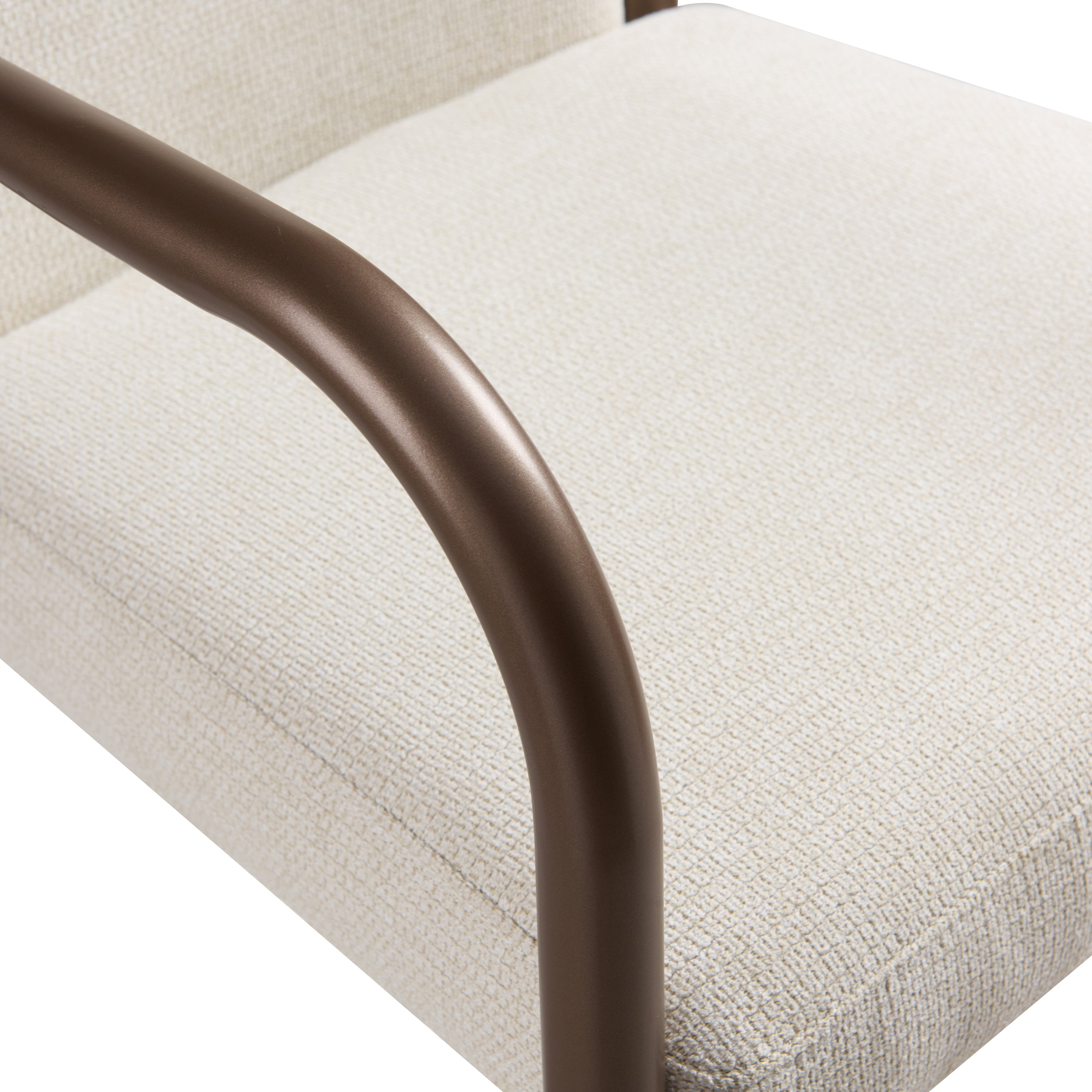 Trasimeno brown dining armchair close-up of the curved wood arm and upholstery