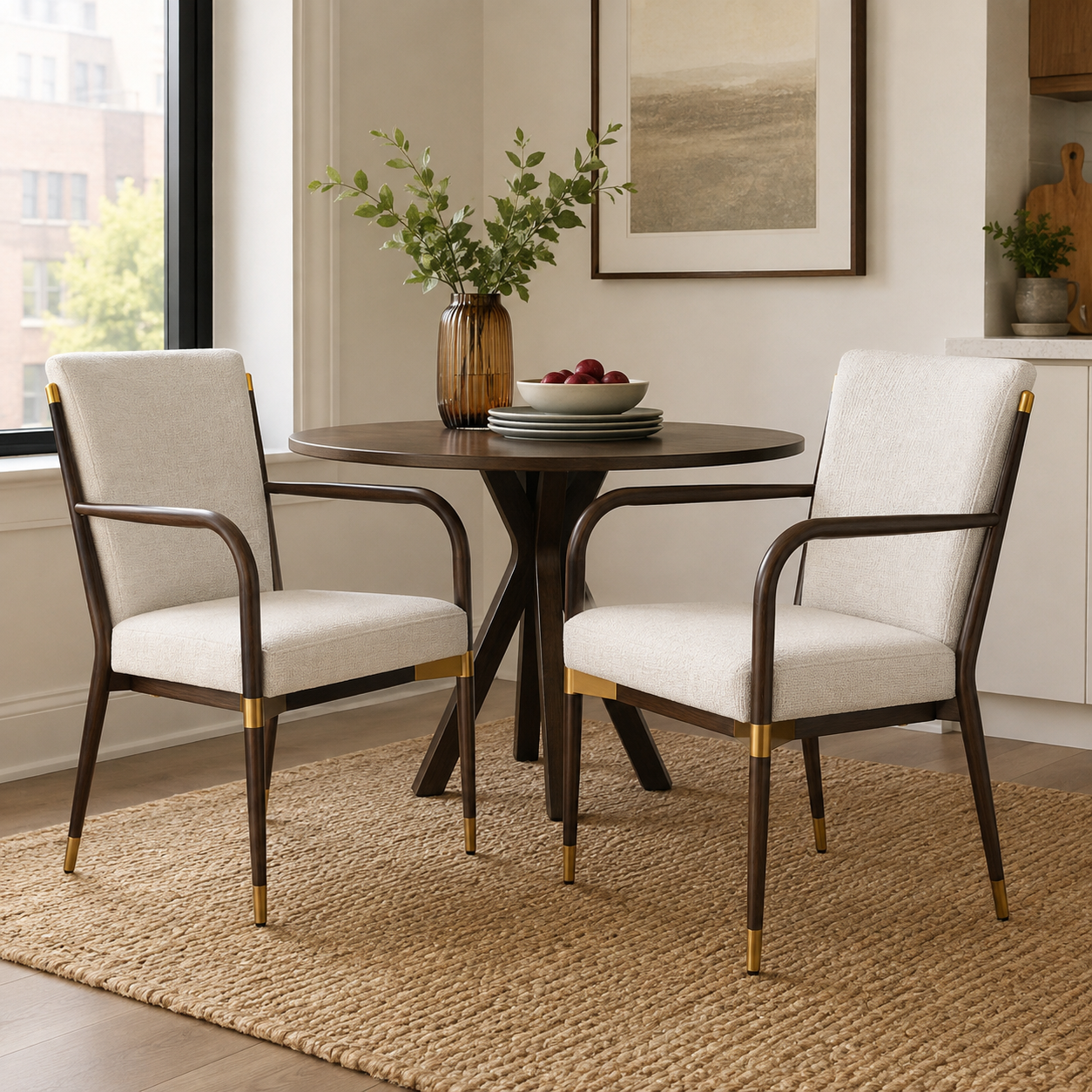 Trasimeno brown upholstered dining armchairs with brass-tone accents around a round wood dining table