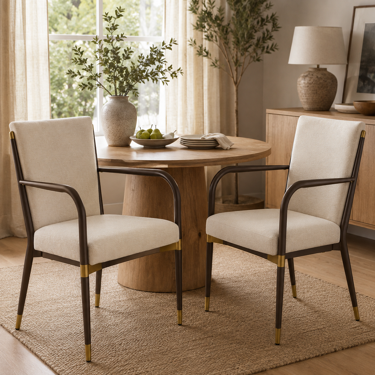 Trasimeno brown dining armchairs in a warm dining room with a natural wood pedestal table