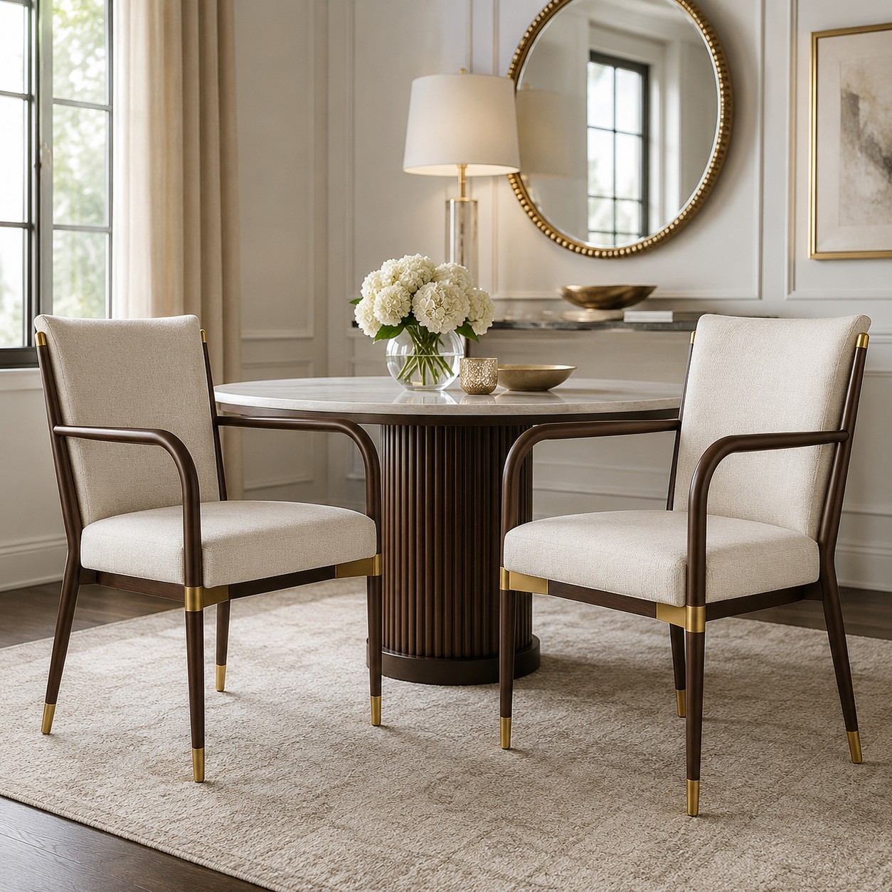 rasimeno brown dining armchairs beside a round dining table in a cozy contemporary room