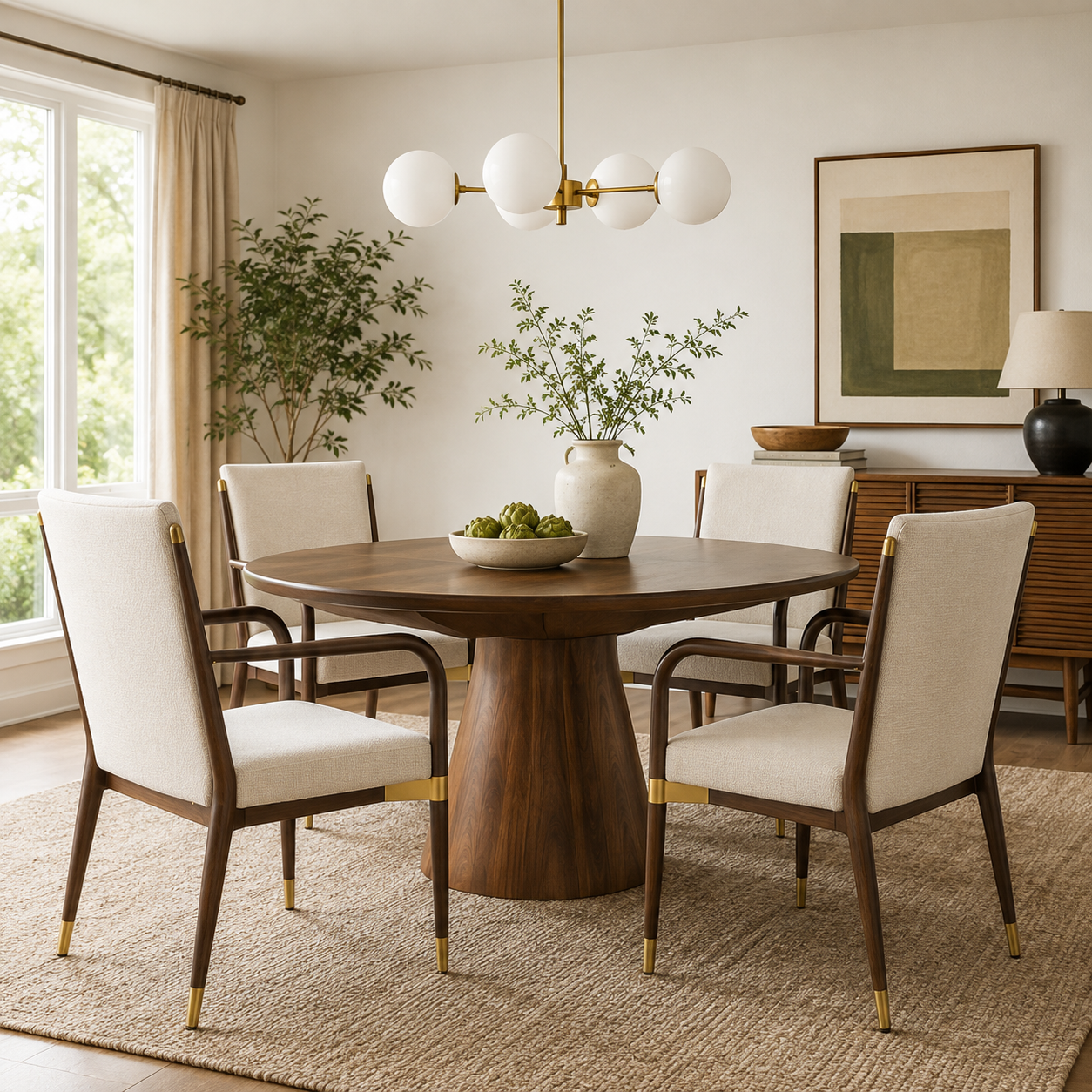 Trasimeno brown upholstered dining armchairs in a bright dining space with neutral decor