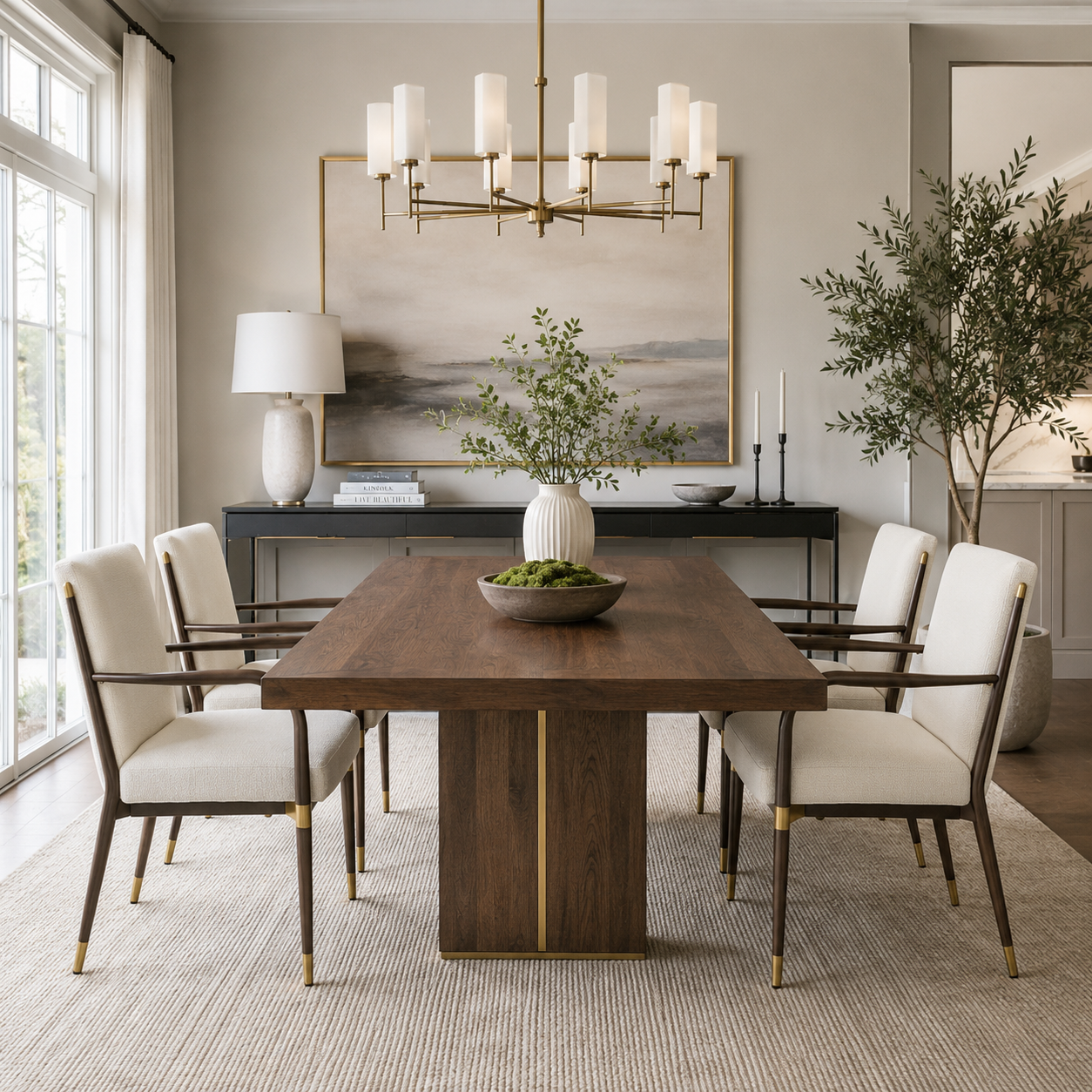 Trasimeno brown upholstered dining armchairs around a table in a sunlit dining room