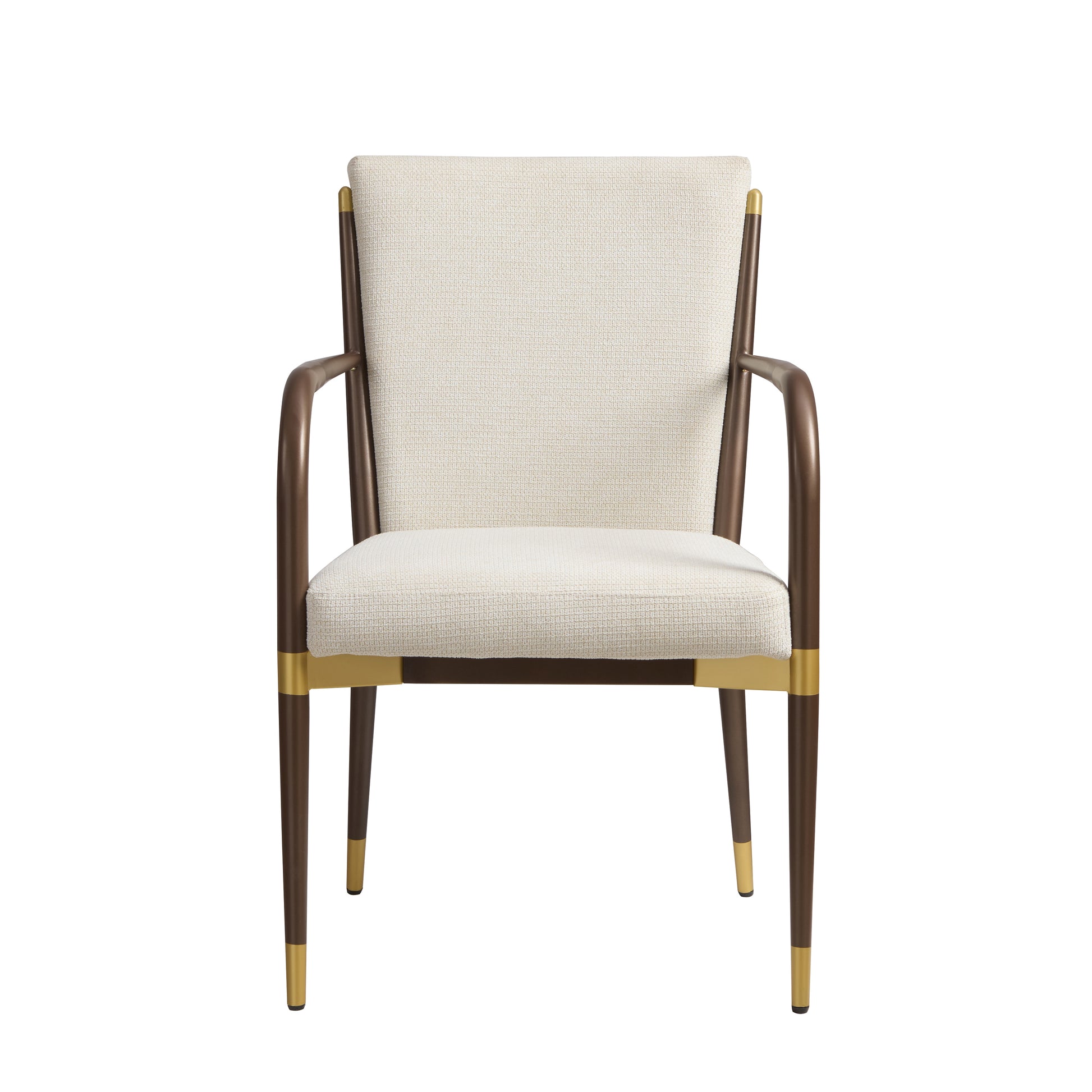 Trasimeno brown upholstered dining chair straight front view with brass-tone accents on white background
