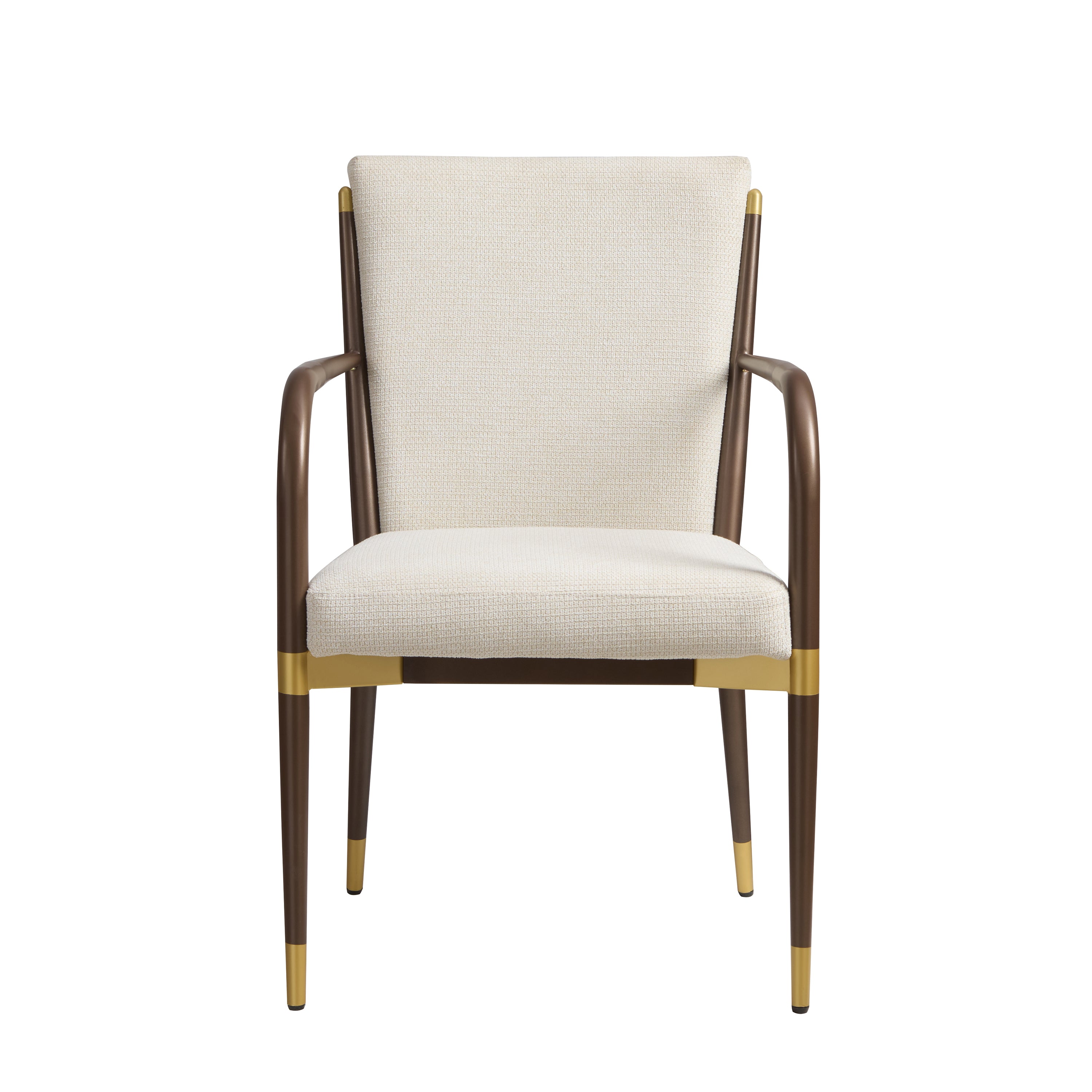 Trasimeno brown upholstered dining chair straight front view with brass-tone accents on white background