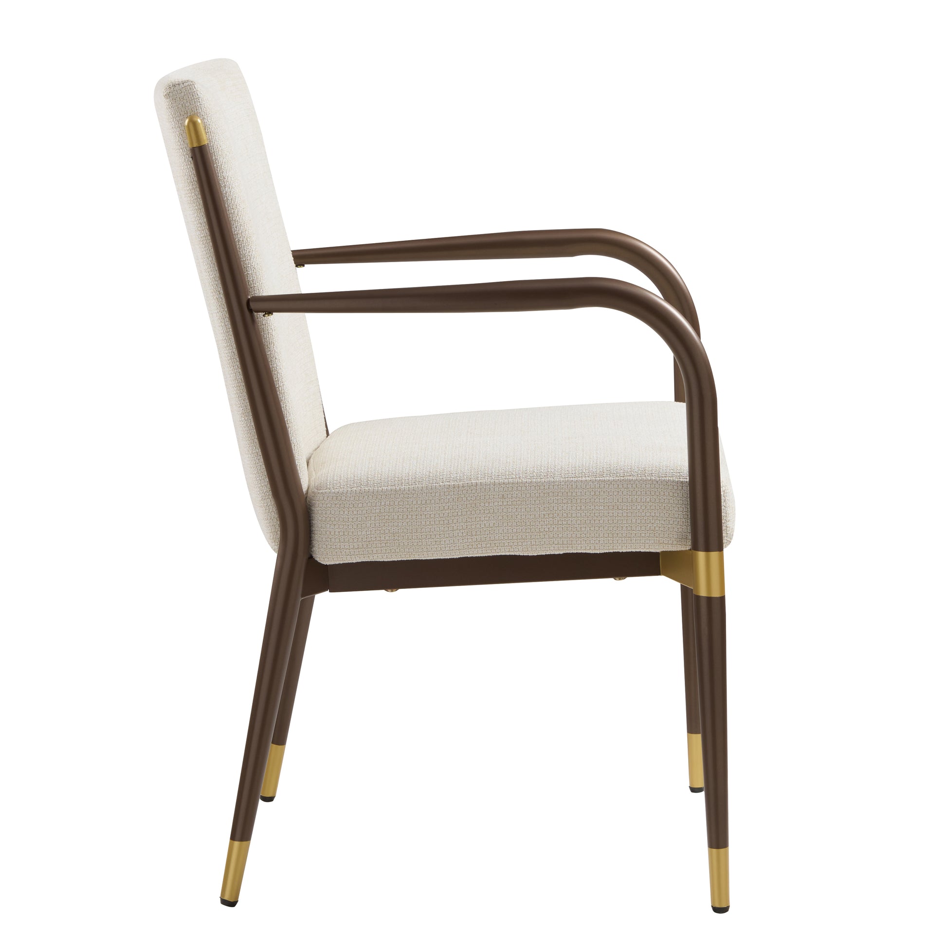 Trasimeno brown dining armchair side view with curved arms and dark wood frame on white background