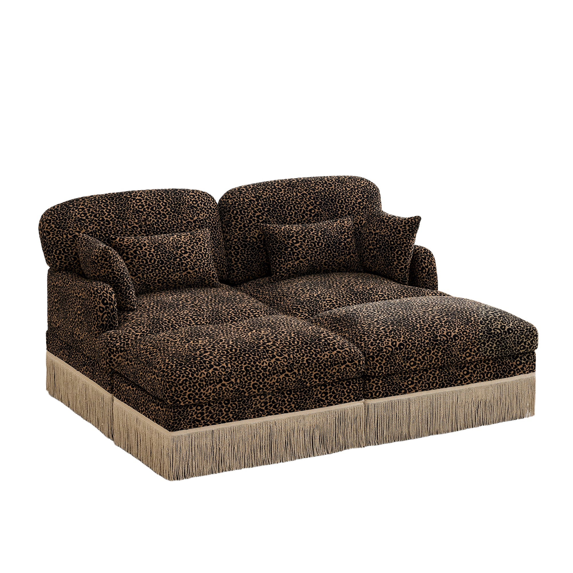 Tucson 69" 4-Piece Leopard Print Modular Sofa with Daybed Configuration and Fringe Skirt