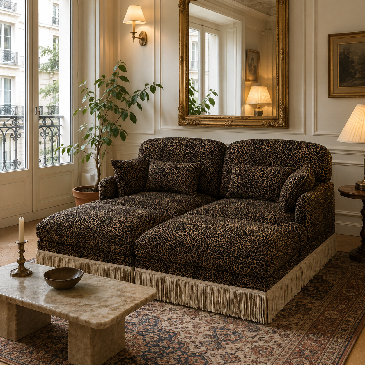 Tucson 69" 4-Piece Leopard Print Modular Sofa with Daybed Configuration and Fringe Skirt