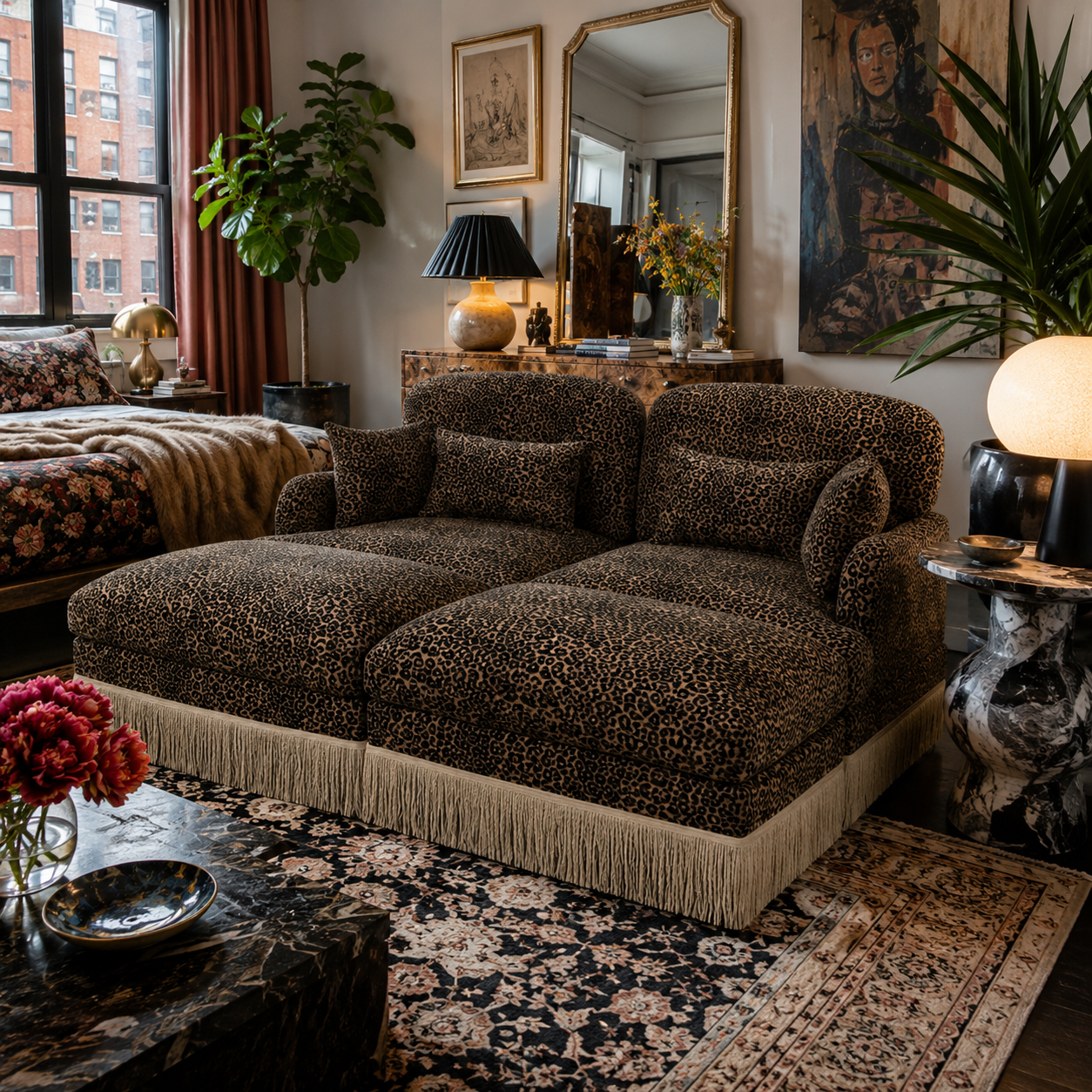 Tucson 69" 4-Piece Leopard Print Modular Sofa with Daybed Configuration and Fringe Skirt