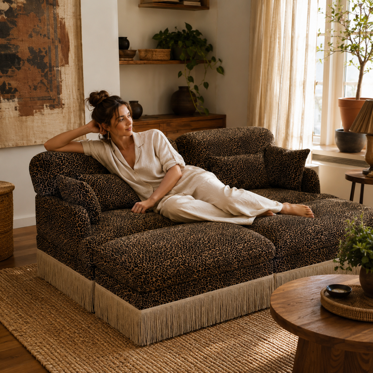 Tucson 69" 4-Piece Leopard Print Modular Sofa with Daybed Configuration and Fringe Skirt