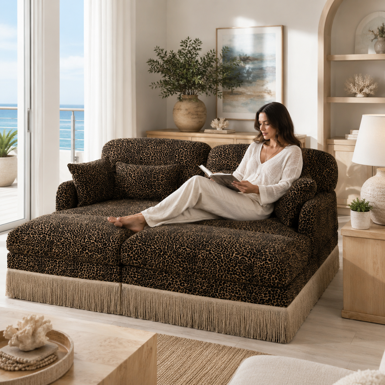 Tucson 69" 4-Piece Leopard Print Modular Sofa with Daybed Configuration and Fringe Skirt