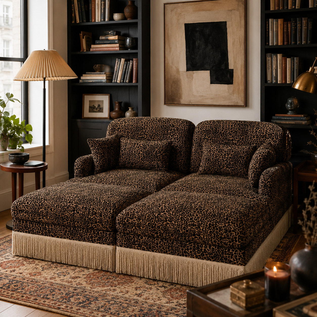Tucson 69" 4-Piece Leopard Print Modular Sofa with Daybed Configuration and Fringe Skirt