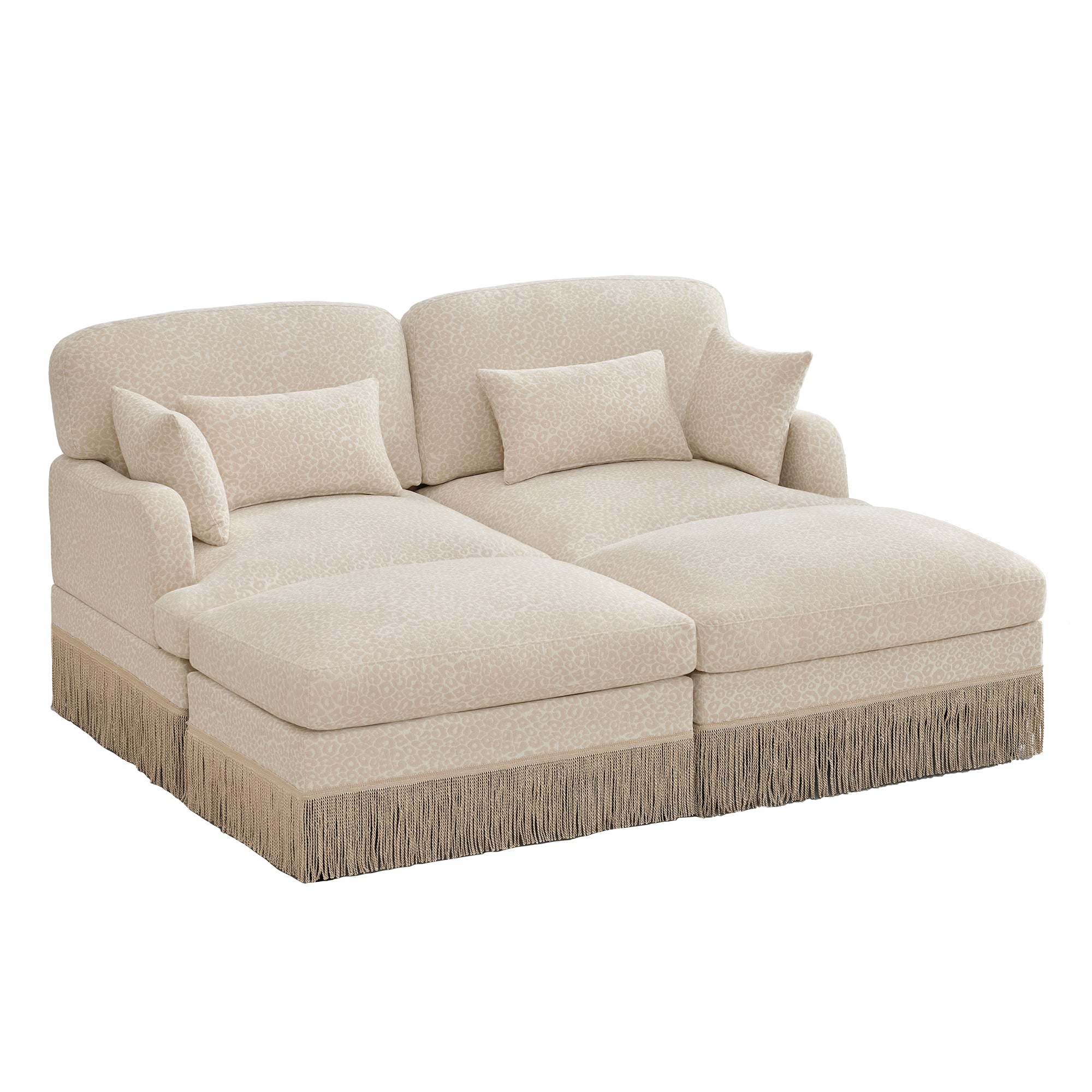 Tucson 69" 4-Piece Leopard Print Modular Sofa with Daybed Configuration and Fringe Skirt