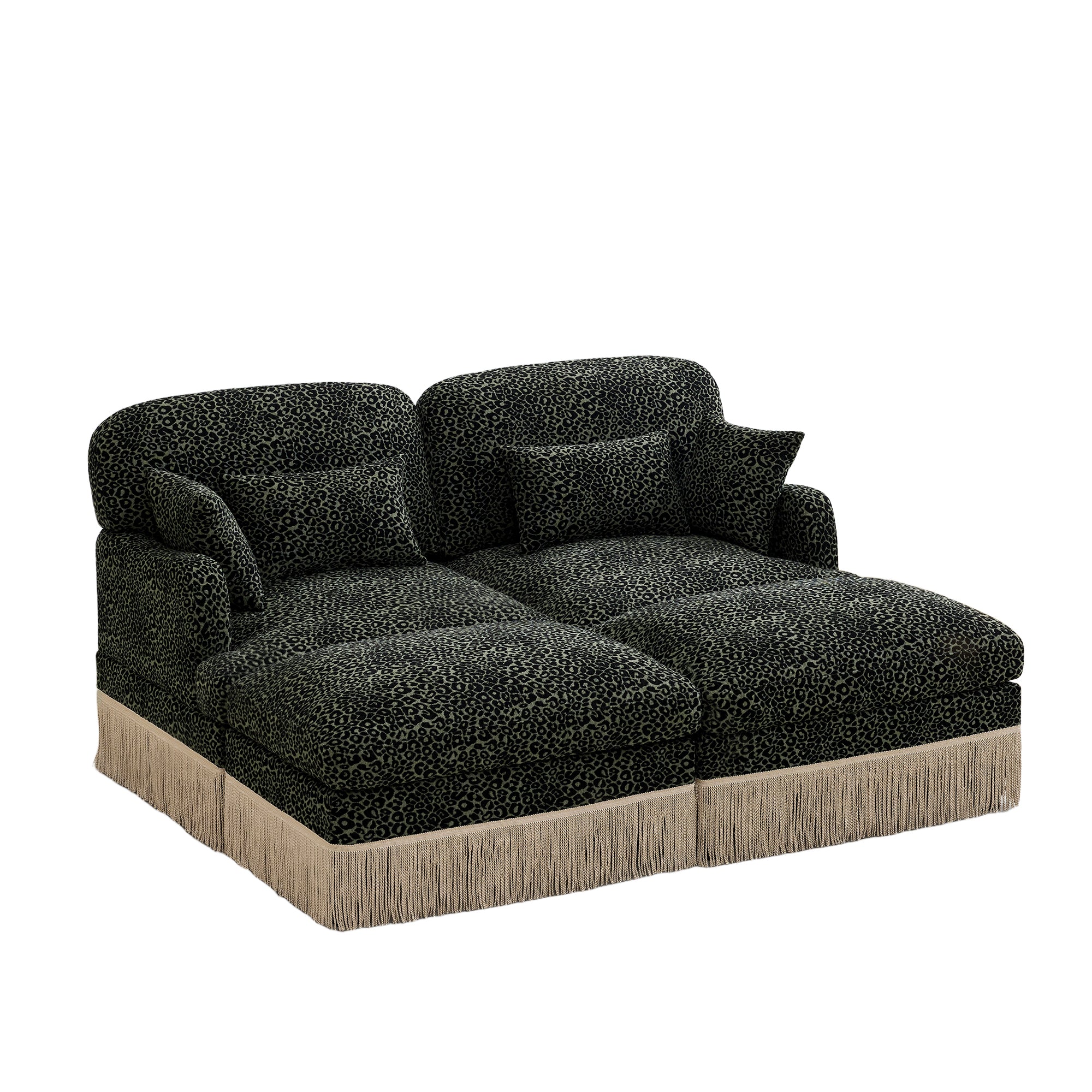 Tucson 69" 4-Piece Leopard Print Modular Sofa with Daybed Configuration and Fringe Skirt