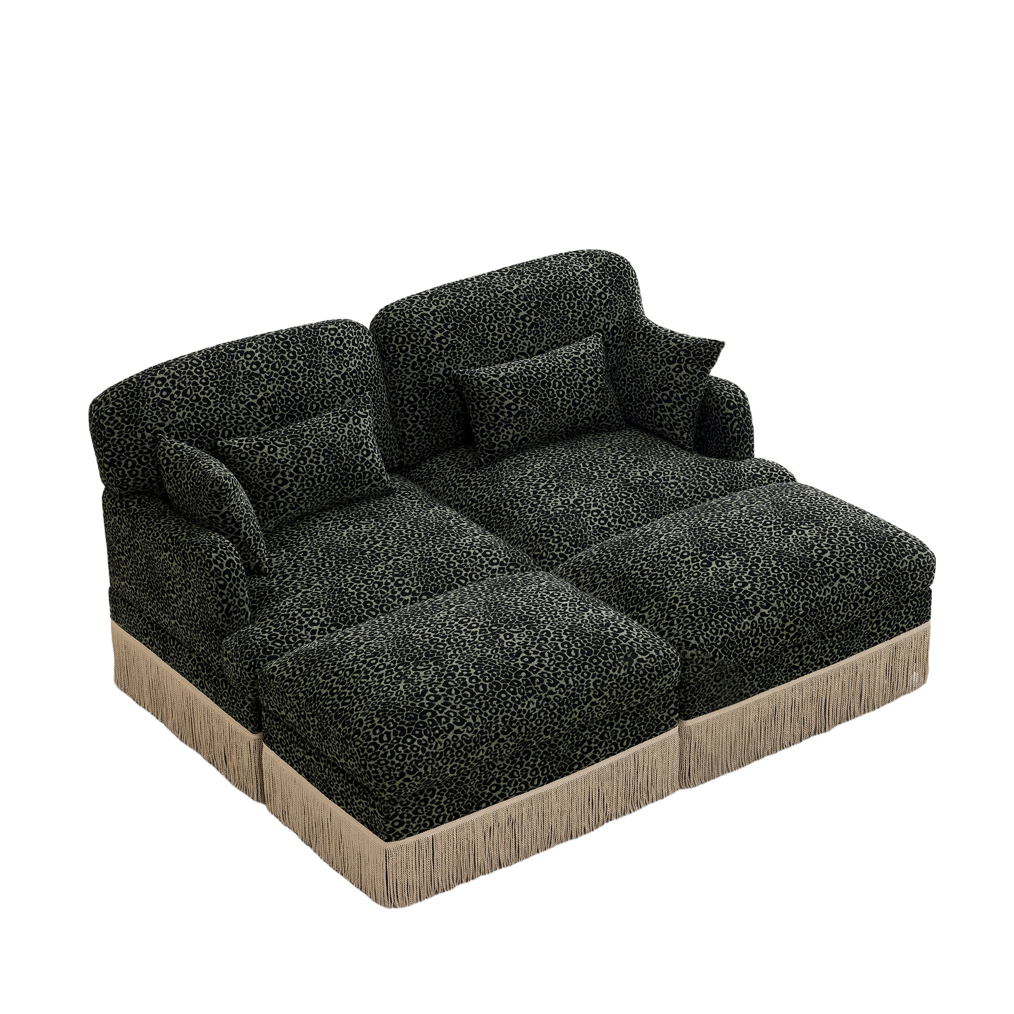 Tucson 69" 4-Piece Leopard Print Modular Sofa with Daybed Configuration and Fringe Skirt