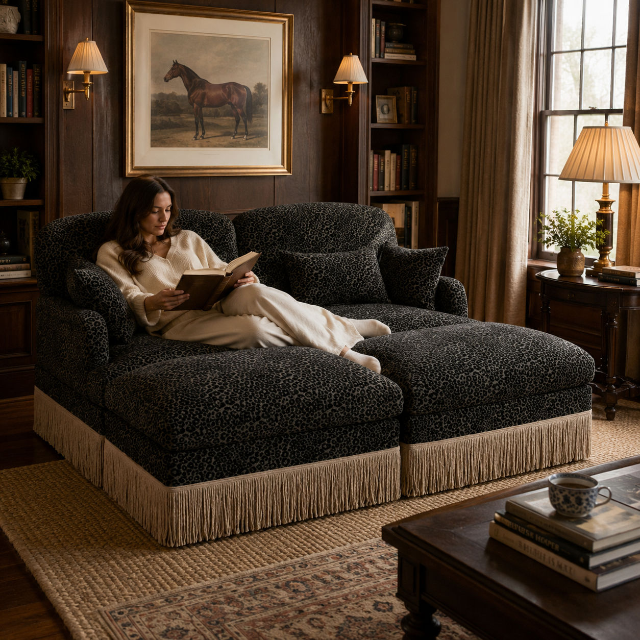 Tucson 69" 4-Piece Leopard Print Modular Sofa with Daybed Configuration and Fringe Skirt