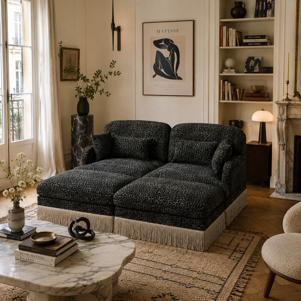 Tucson 69" 4-Piece Leopard Print Modular Sofa with Daybed Configuration and Fringe Skirt