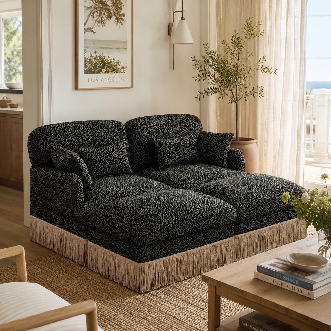 Tucson 69" 4-Piece Leopard Print Modular Sofa with Daybed Configuration and Fringe Skirt