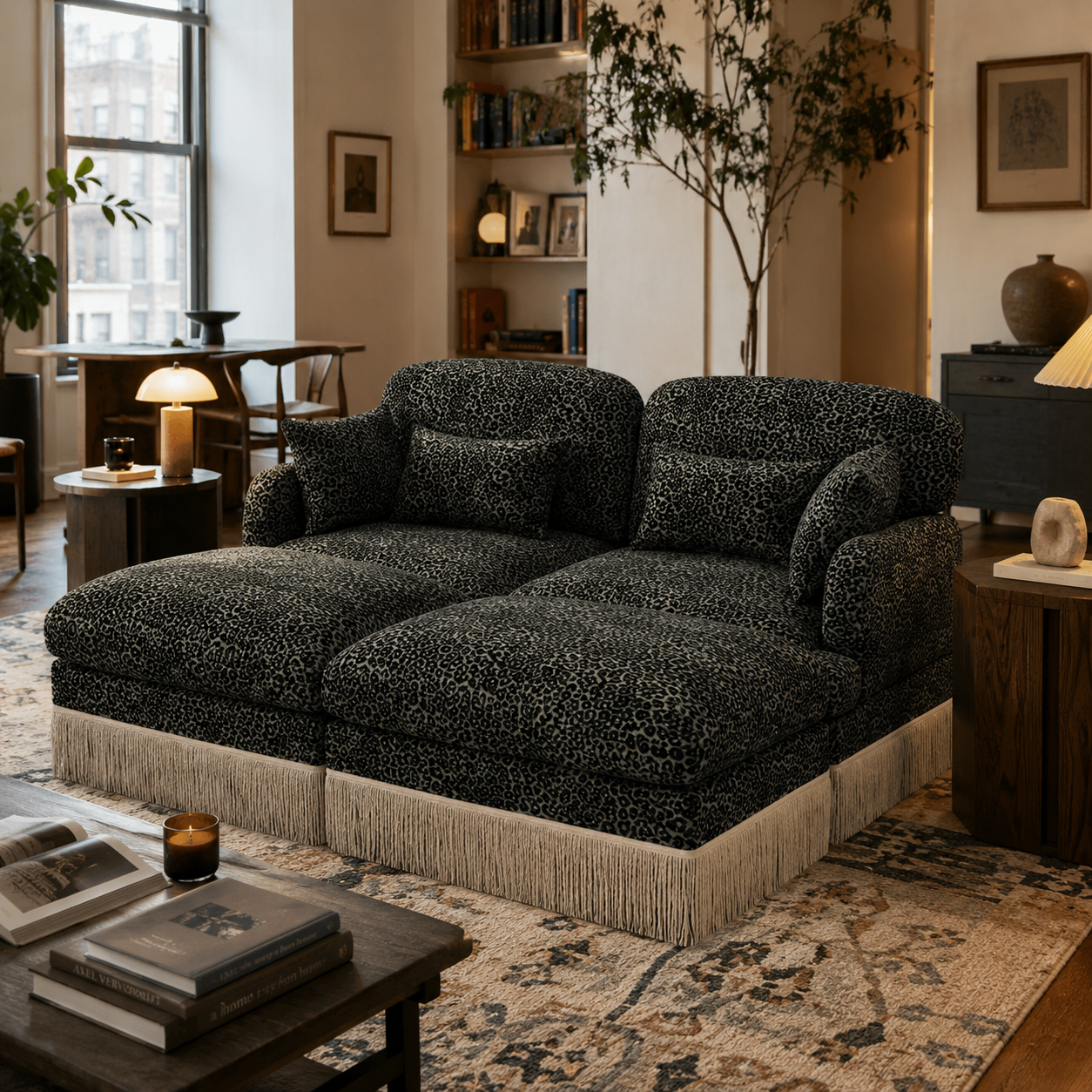 Tucson 69" 4-Piece Leopard Print Modular Sofa with Daybed Configuration and Fringe Skirt