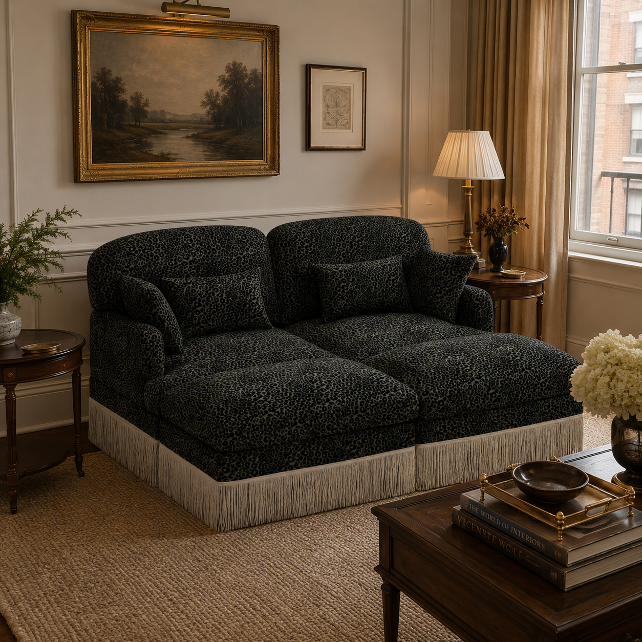 Tucson 69" 4-Piece Leopard Print Modular Sofa with Daybed Configuration and Fringe Skirt