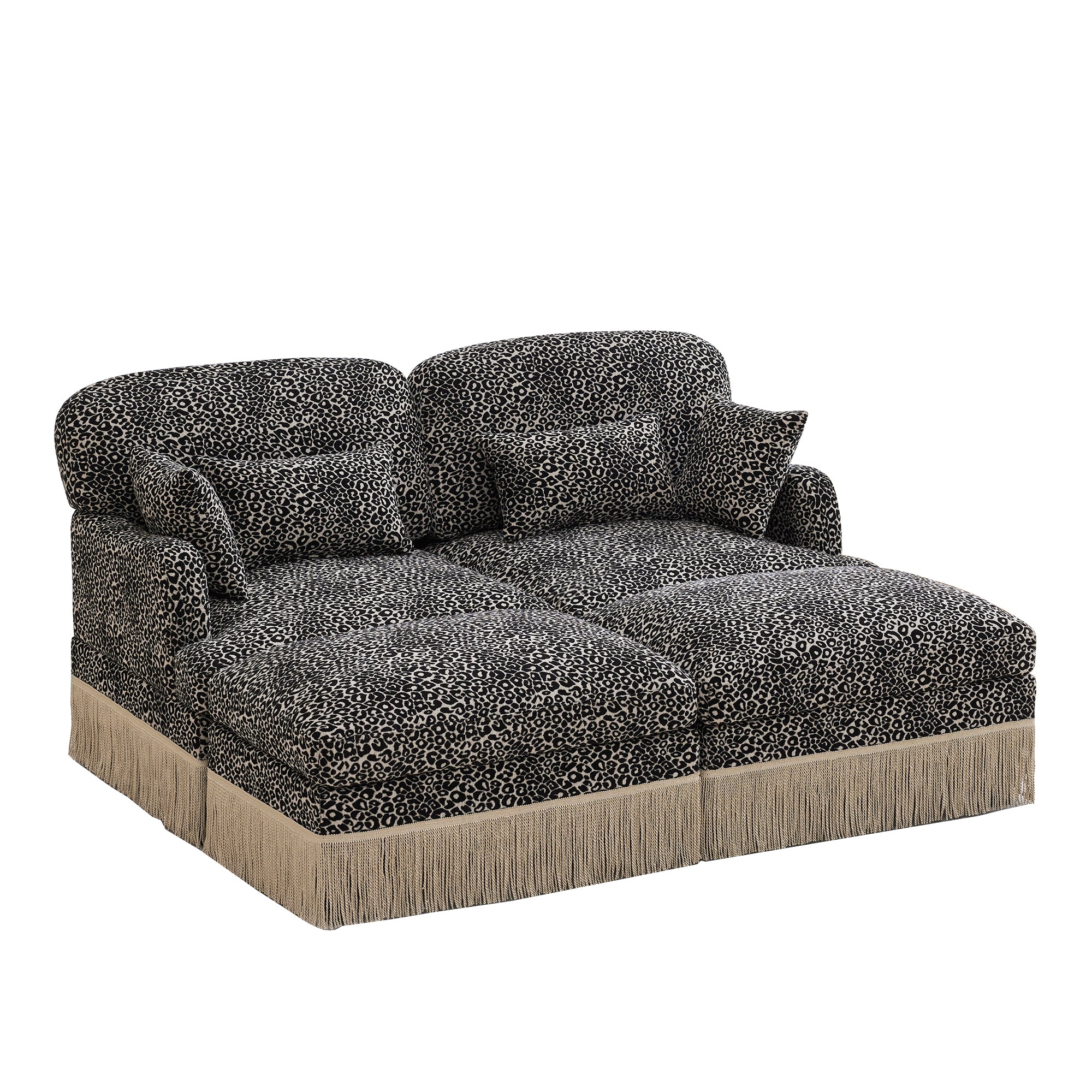 Tucson 69" 4-Piece Leopard Print Modular Sofa with Daybed Configuration and Fringe Skirt
