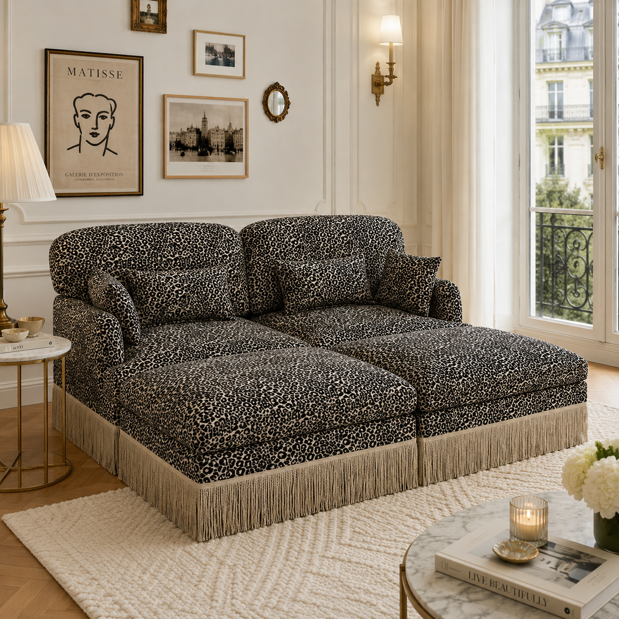 Tucson 69" 4-Piece Leopard Print Modular Sofa with Daybed Configuration and Fringe Skirt
