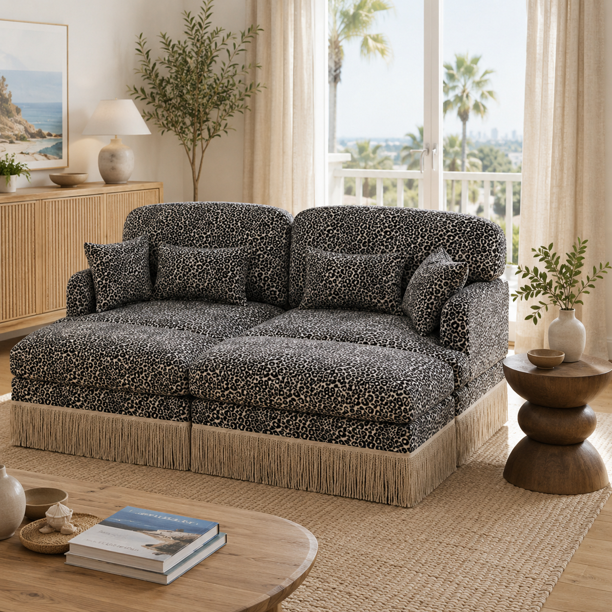Tucson 69" 4-Piece Leopard Print Modular Sofa with Daybed Configuration and Fringe Skirt