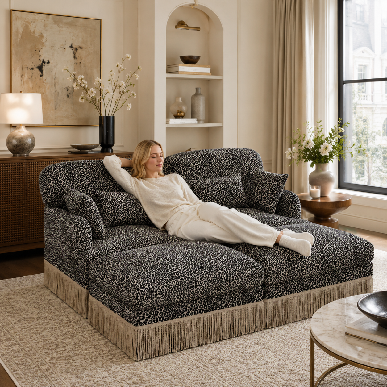 Tucson 69" 4-Piece Leopard Print Modular Sofa with Daybed Configuration and Fringe Skirt