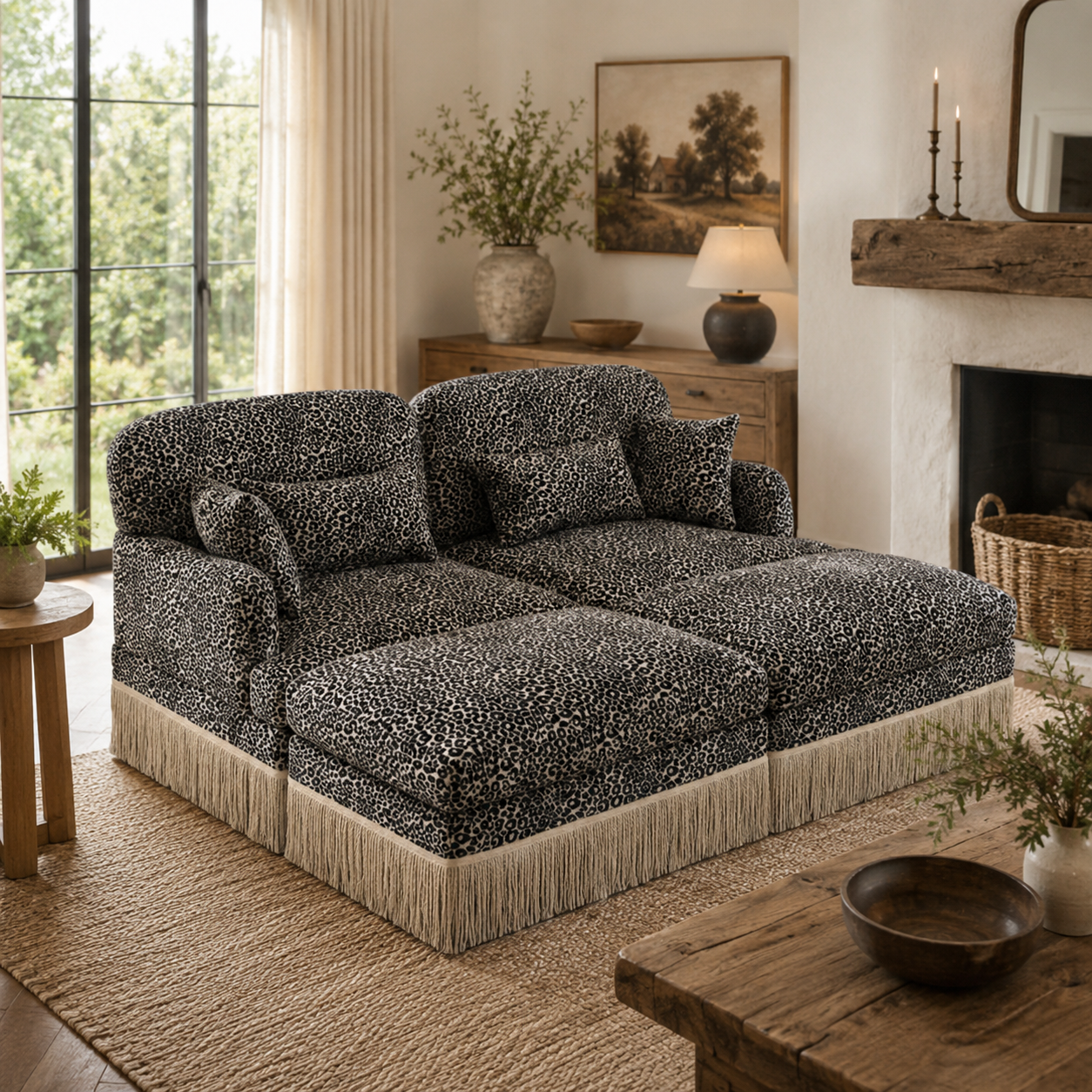 Tucson 69" 4-Piece Leopard Print Modular Sofa with Daybed Configuration and Fringe Skirt